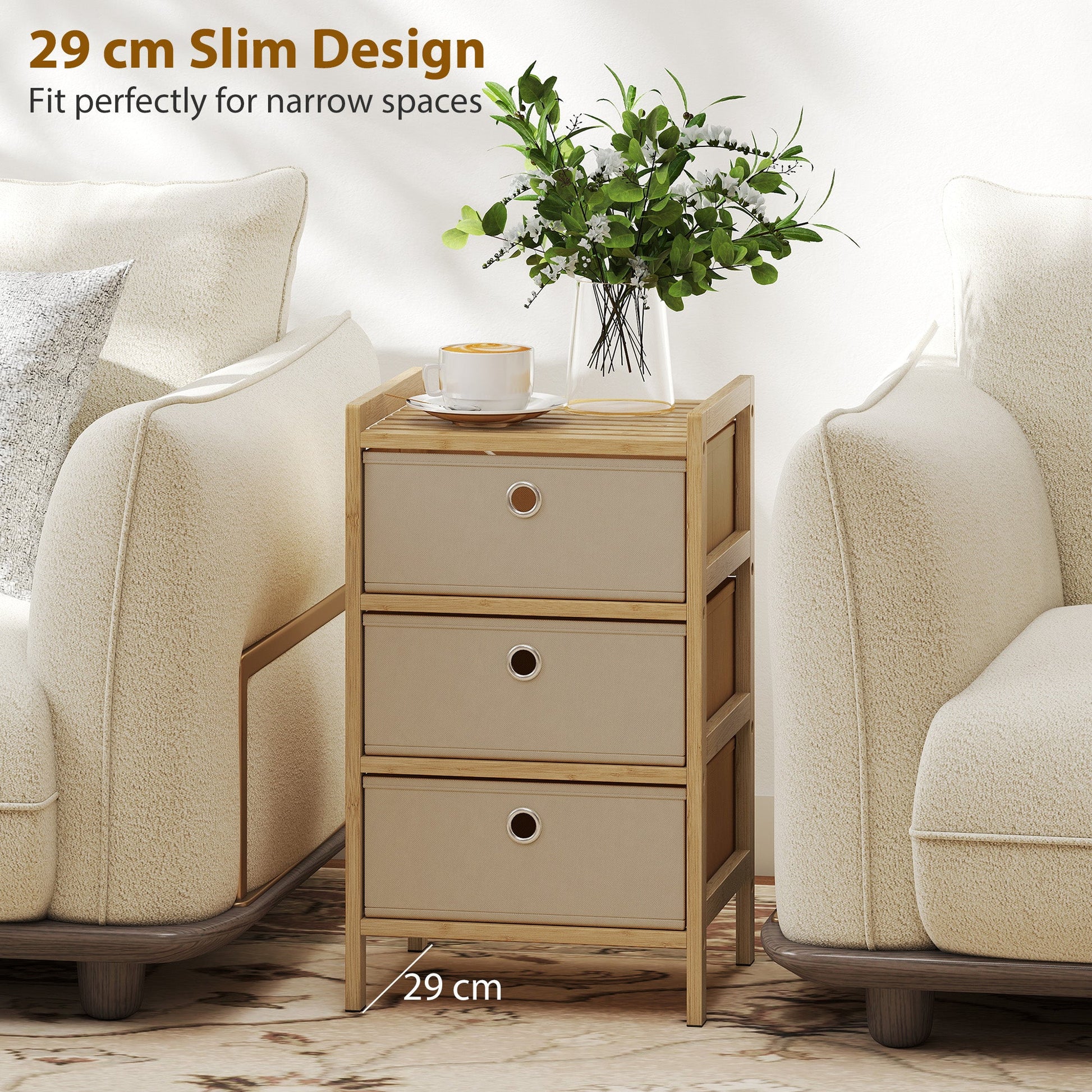 Chest of Drawers, 3 Fabric Drawers Dresser with Bamboo Frame, Narrow Storage Unit for Small Spaces, Bedroom, Living Room, Hallway, Cream White