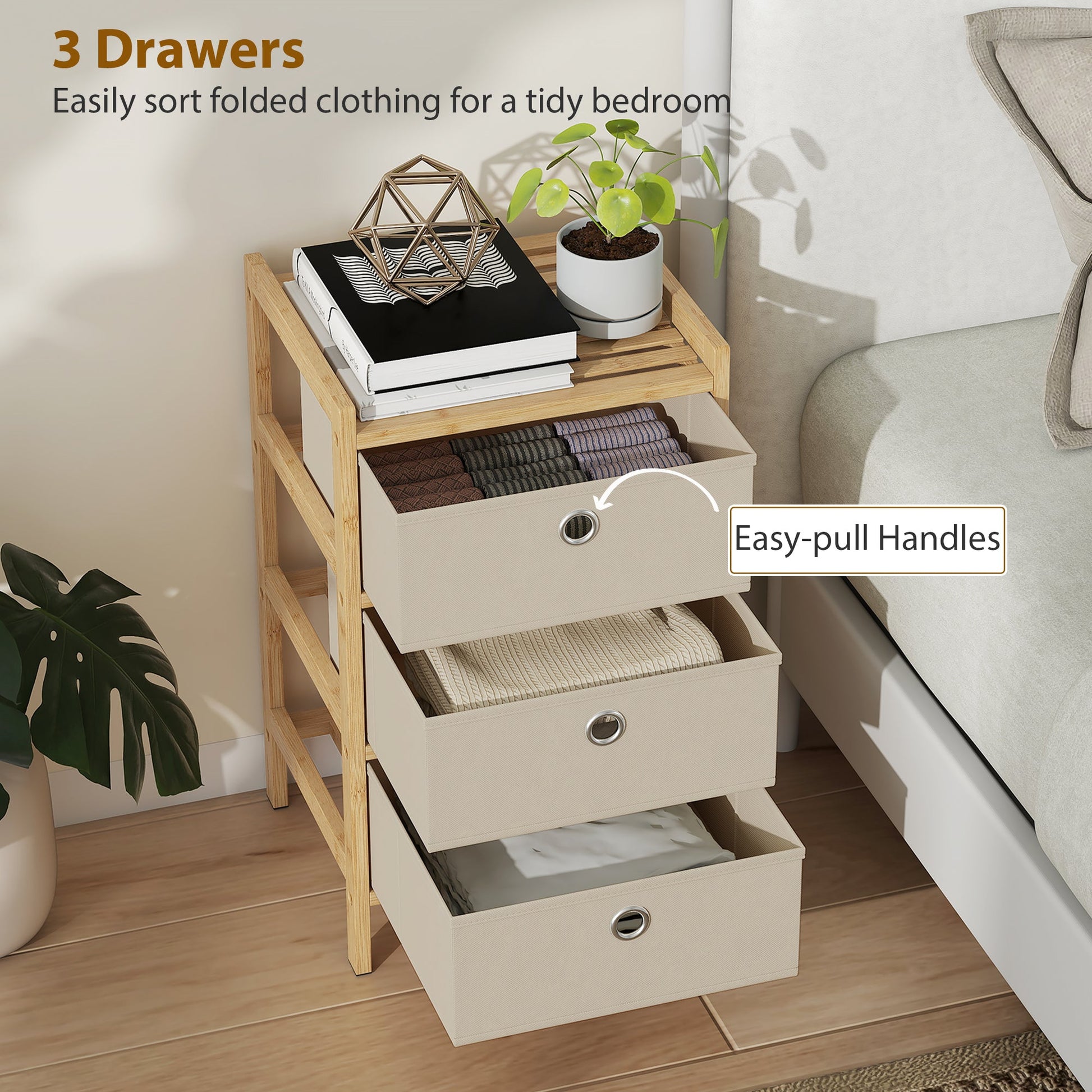 Chest of Drawers, 3 Fabric Drawers Dresser with Bamboo Frame, Narrow Storage Unit for Small Spaces, Bedroom, Living Room, Hallway, Cream White