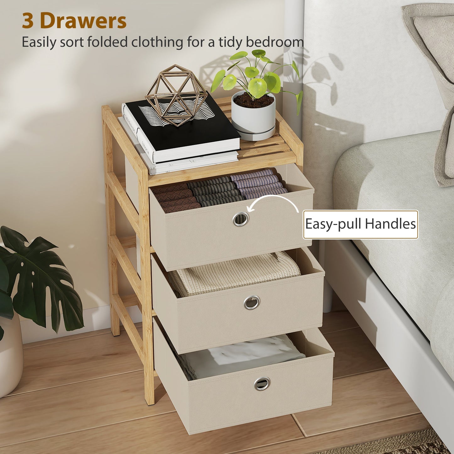 Chest of Drawers, 3 Fabric Drawers Dresser with Bamboo Frame, Narrow Storage Unit for Small Spaces, Bedroom, Living Room, Hallway, Cream White