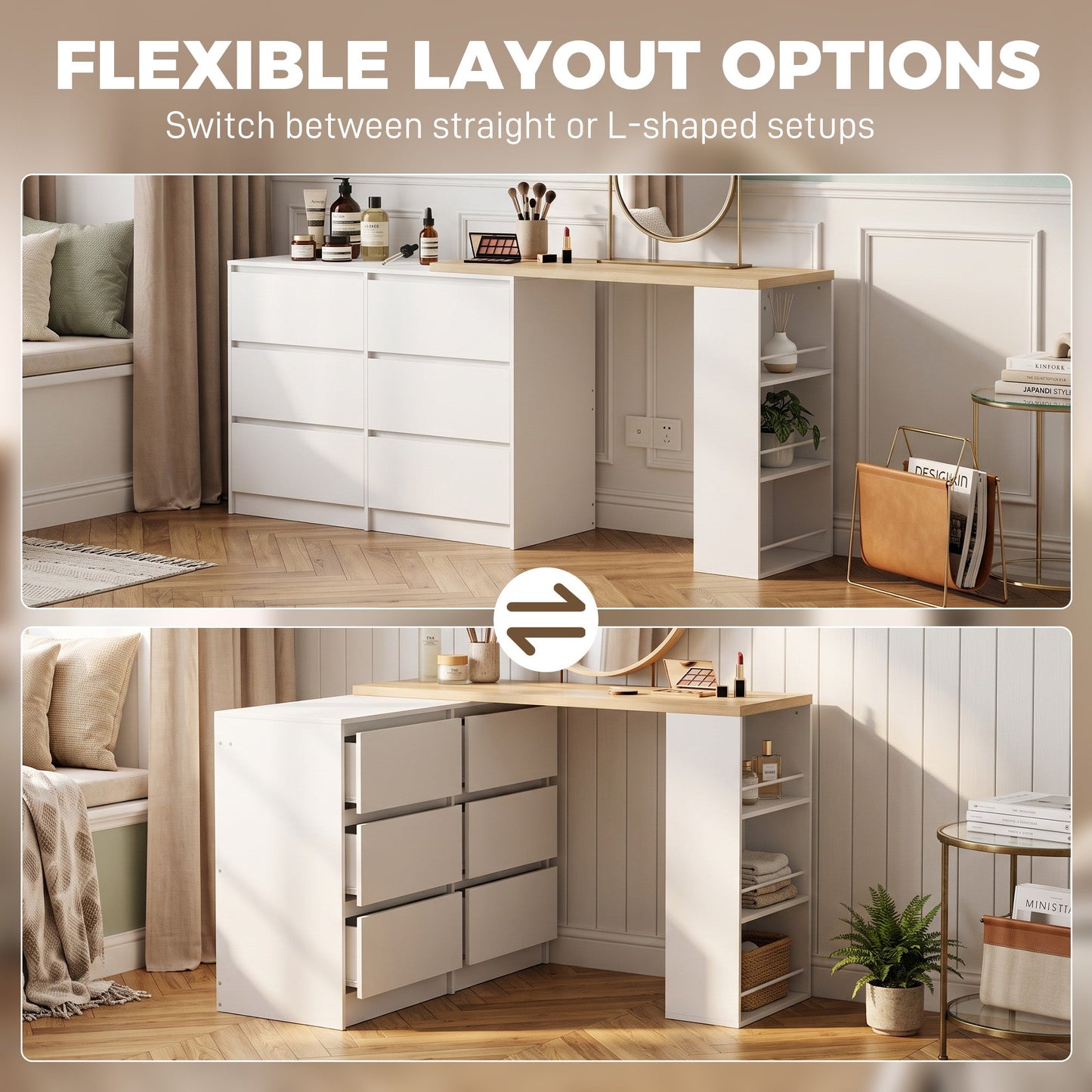 Dressing Table with 6 Drawers, 3-Tier Shelf, Straight or L-Shaped Layout, Makeup Desk for Bedroom, White