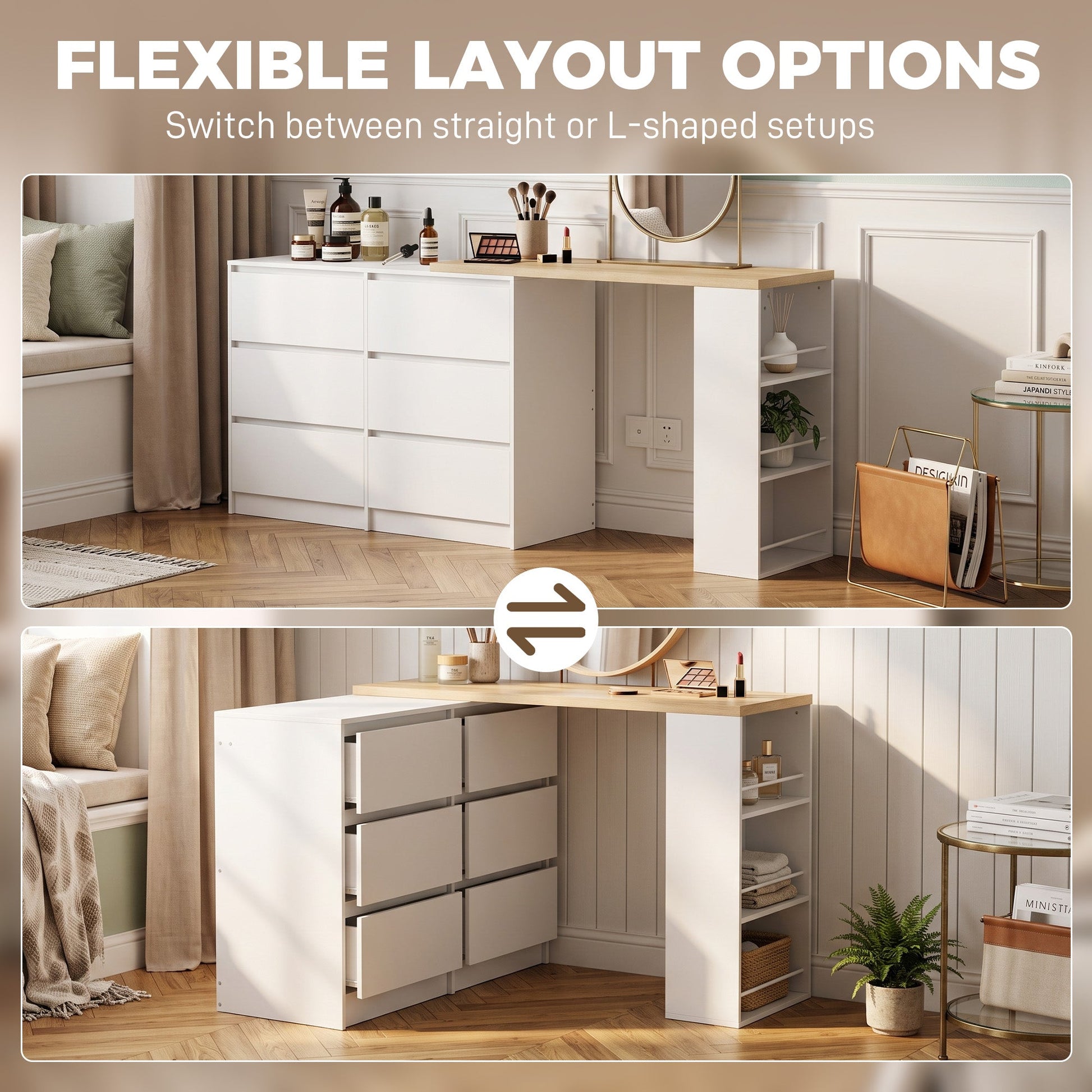 Dressing Table with 6 Drawers, 3-Tier Shelf, Straight or L-Shaped Layout, Makeup Desk for Bedroom, White