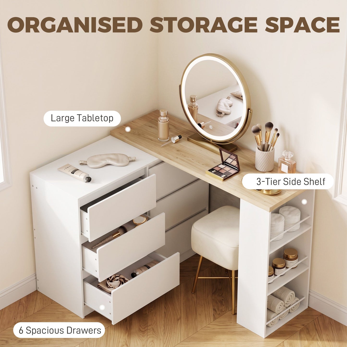 Dressing Table with 6 Drawers, 3-Tier Shelf, Straight or L-Shaped Layout, Makeup Desk for Bedroom, White
