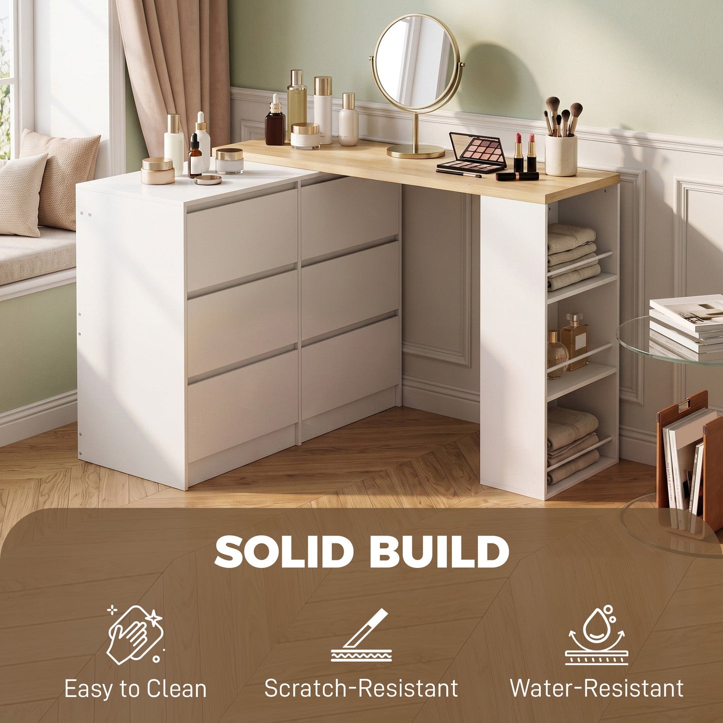 Dressing Table with 6 Drawers, 3-Tier Shelf, Straight or L-Shaped Layout, Makeup Desk for Bedroom, White