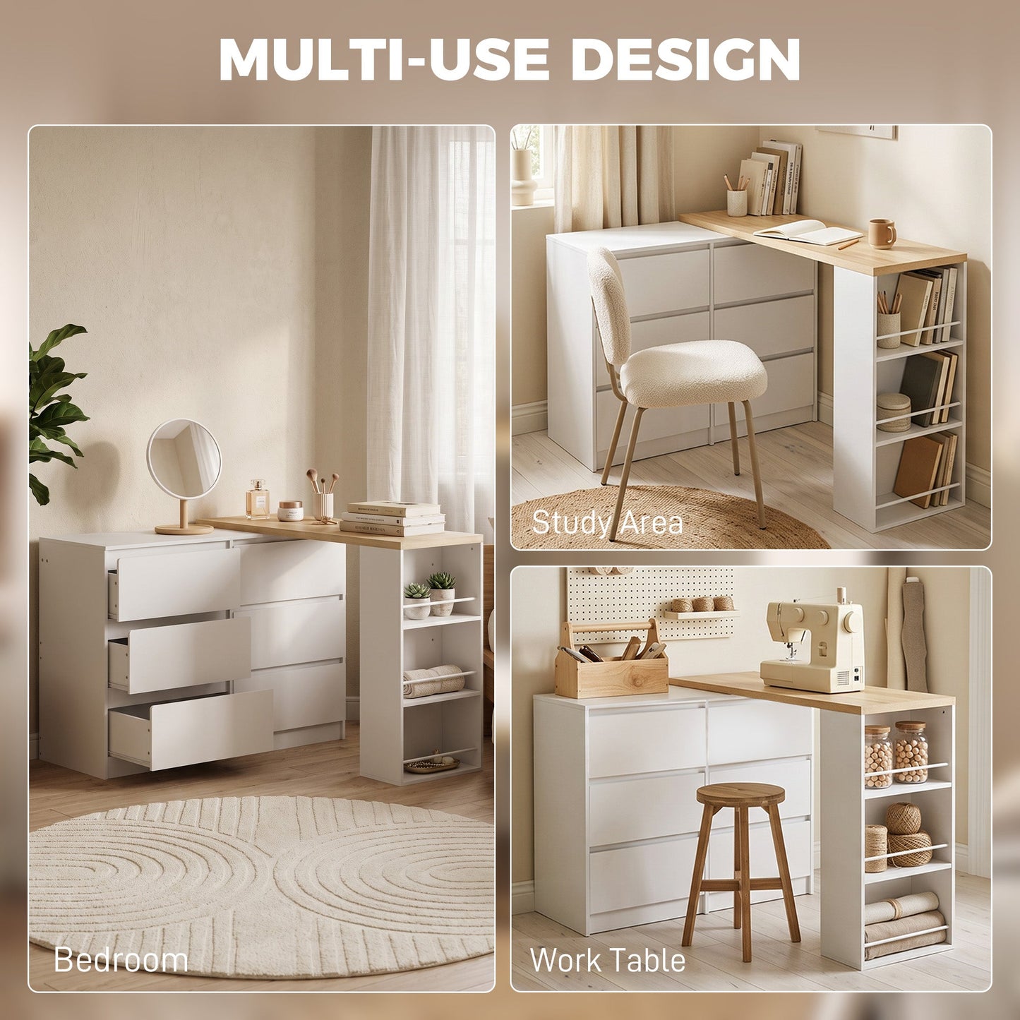 Dressing Table with 6 Drawers, 3-Tier Shelf, Straight or L-Shaped Layout, Makeup Desk for Bedroom, White