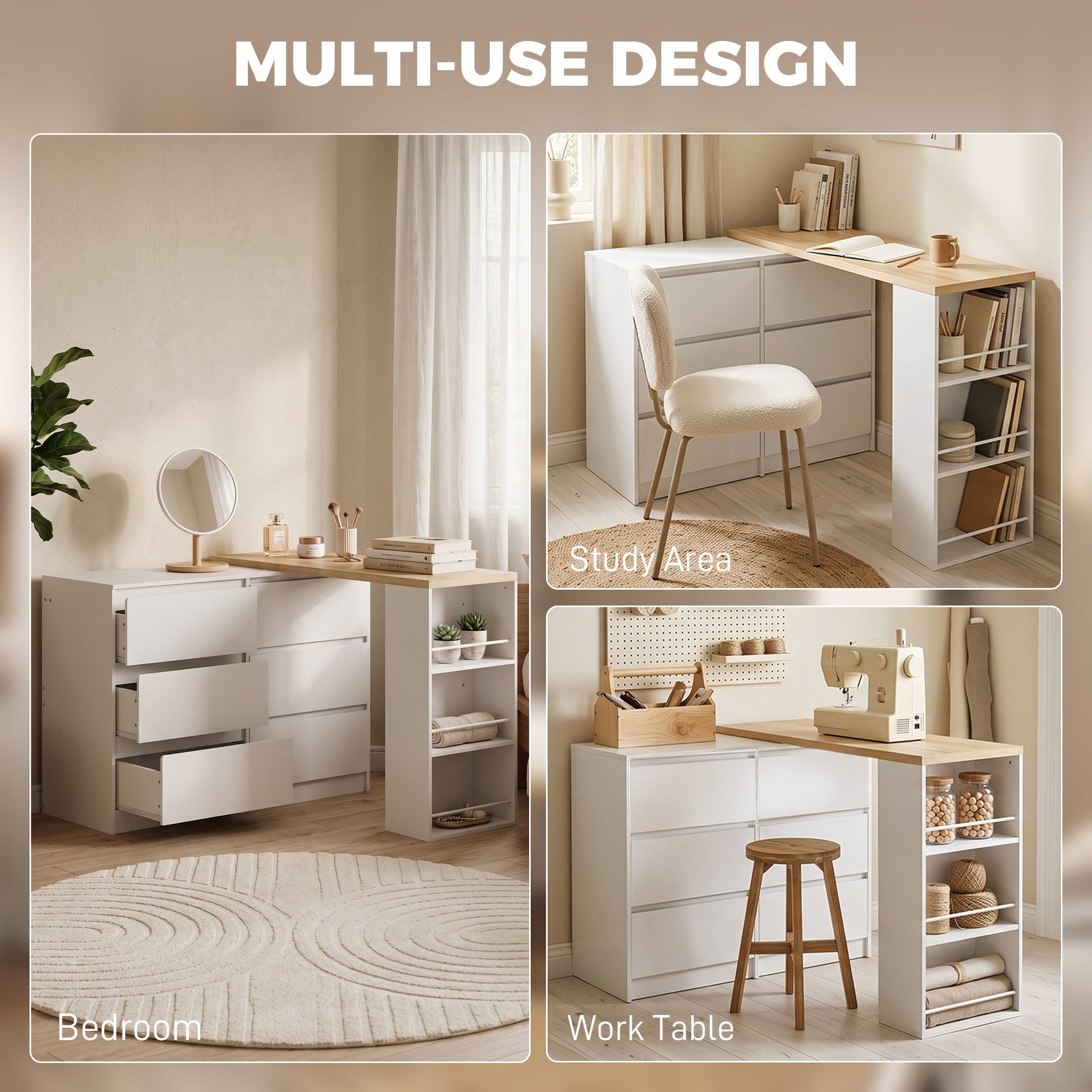 Dressing Table with 6 Drawers, 3-Tier Shelf, Straight or L-Shaped Layout, Makeup Desk for Bedroom, White