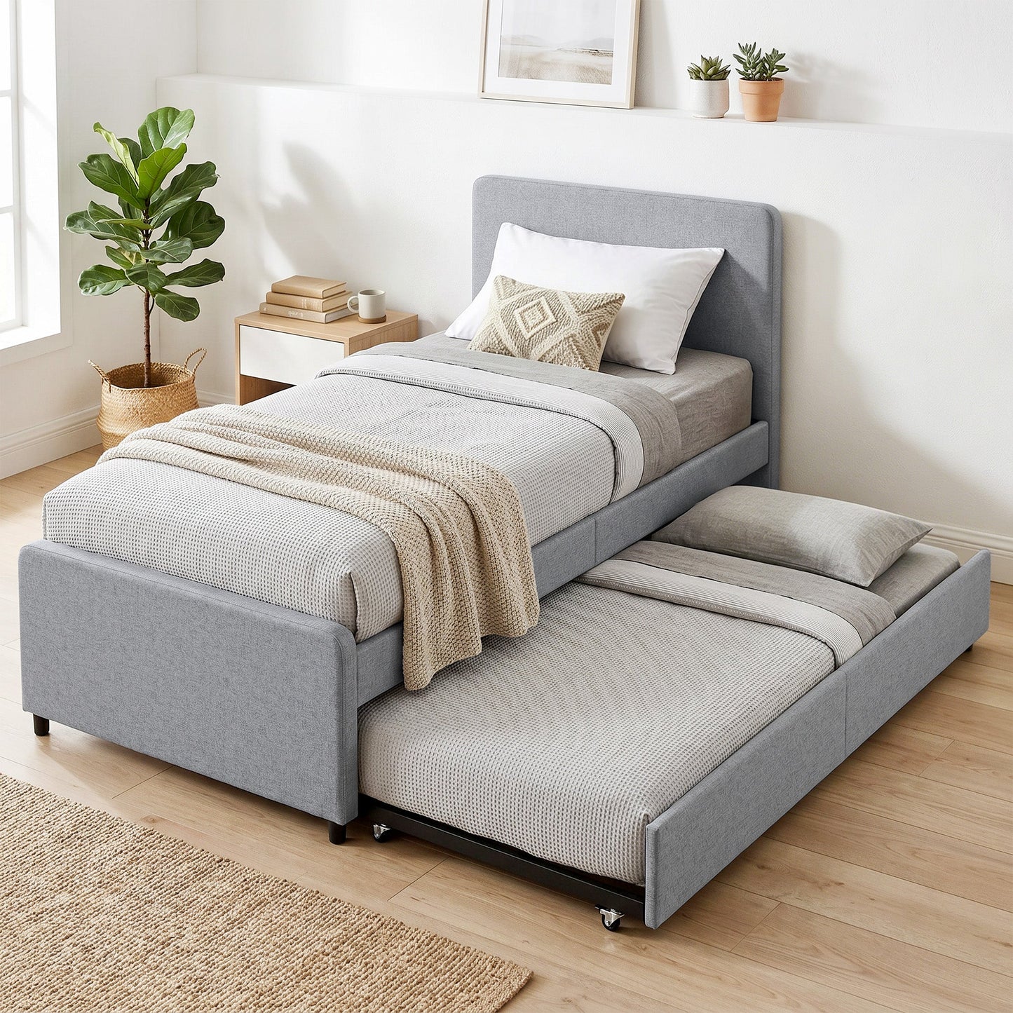 3ft Single Bed Frame with Trundle, Upholstered Pull Out Trundle Bed with Headboard and Footboard for Adults & Teenagers, 90 x 190 cm, No Mattress, Light Grey
