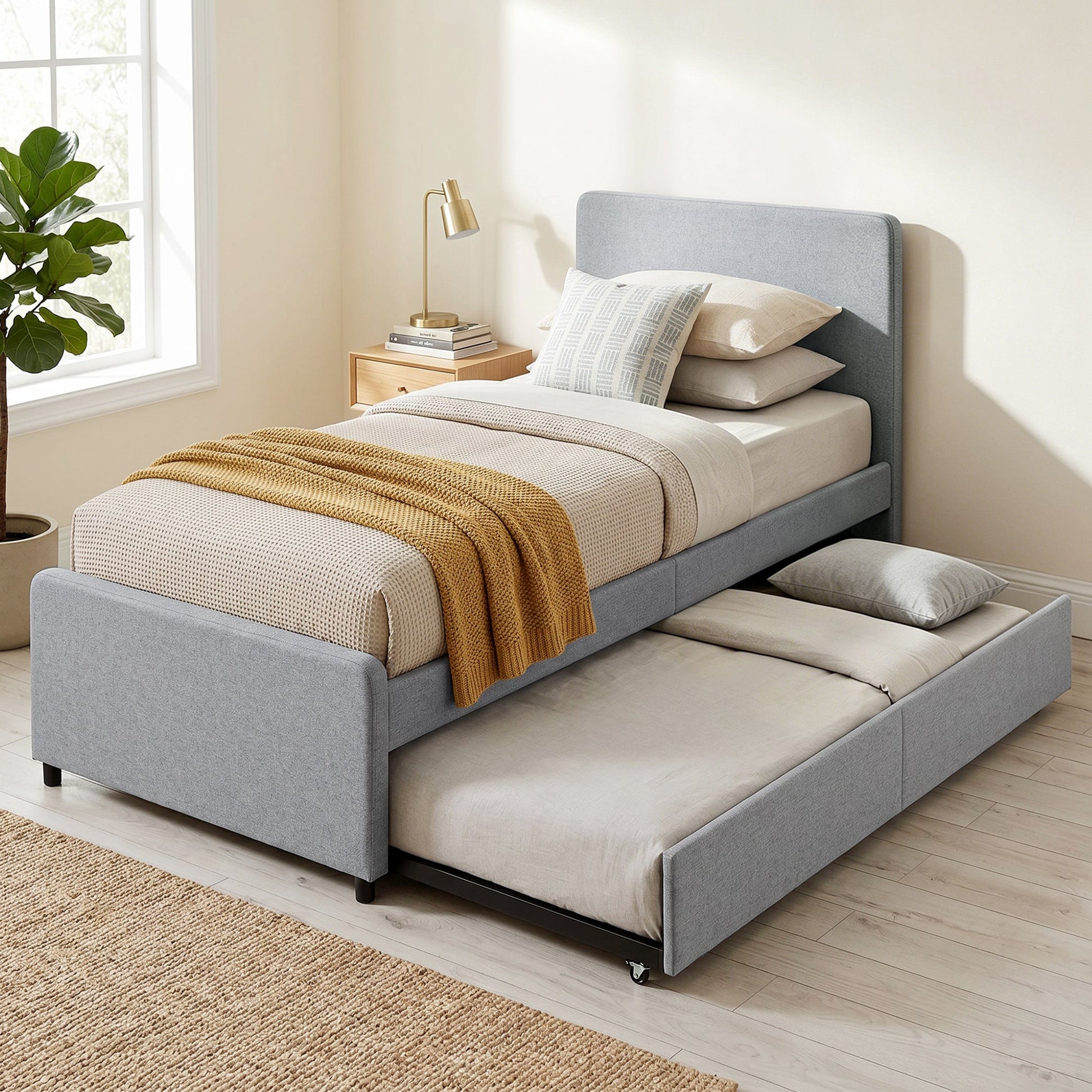 3ft Single Bed Frame with Trundle, Upholstered Pull Out Trundle Bed with Headboard and Footboard for Adults & Teenagers, 90 x 190 cm, No Mattress, Light Grey