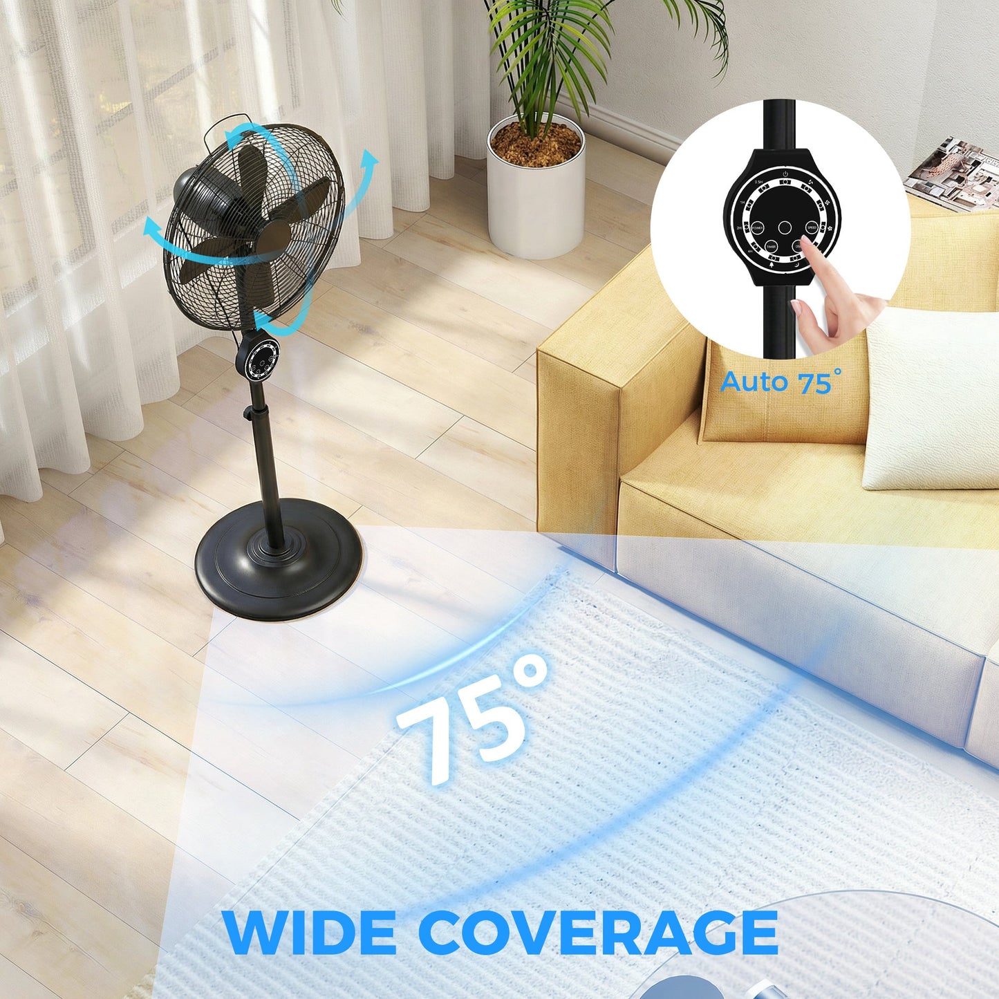 41 cm Metal Pedestal Fan, Electric Standing Floor Fan, Oscillating, Adjustable Height, 3 Speed, 7.5H Timer, Remote Control, Sleep Mode, for Home Office Bedroom, Black