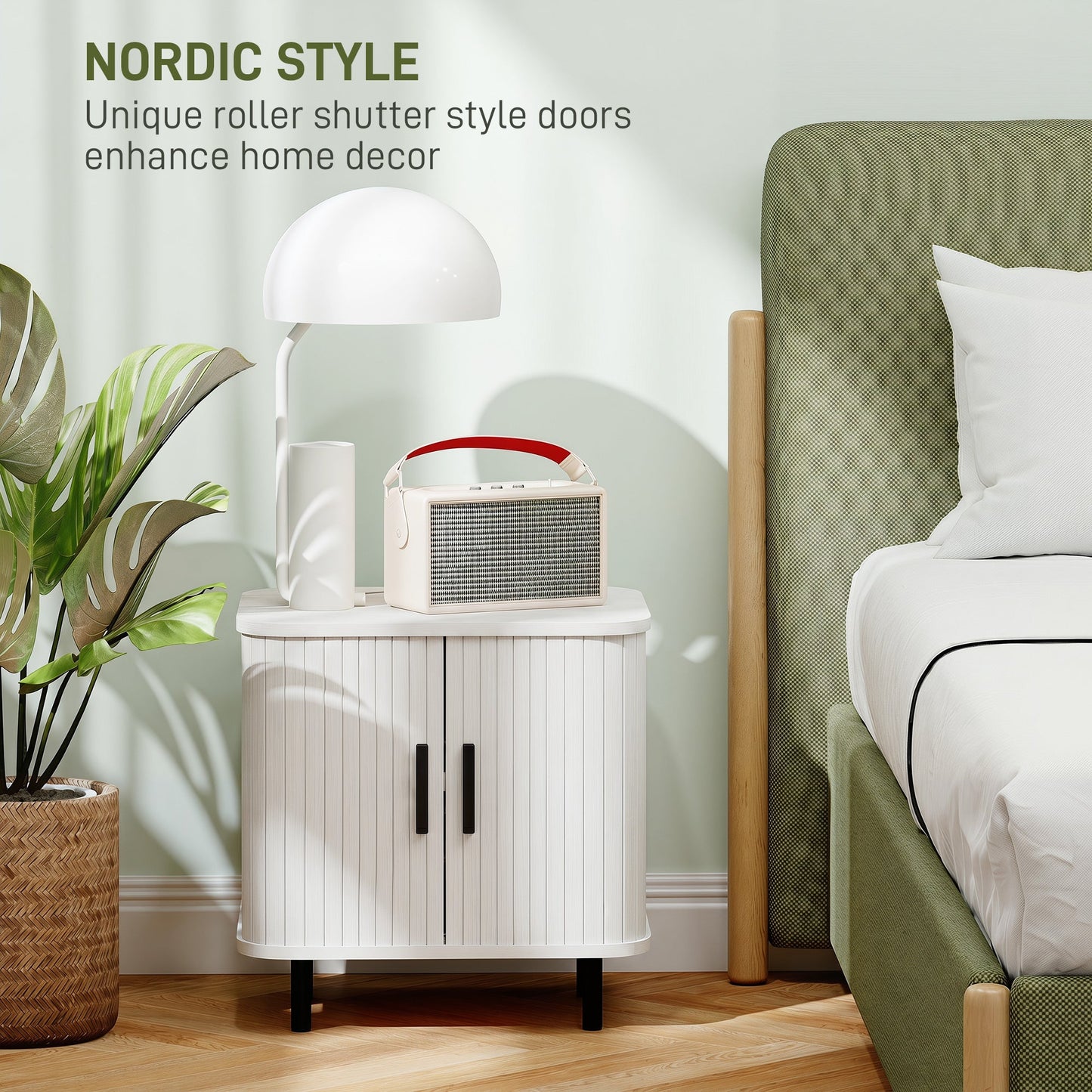 Bedside Table, Nordic Side Table with Roller Shutter Style Sliding Doors and Metal Legs for Bedroom, Living Room, White Wood Effect