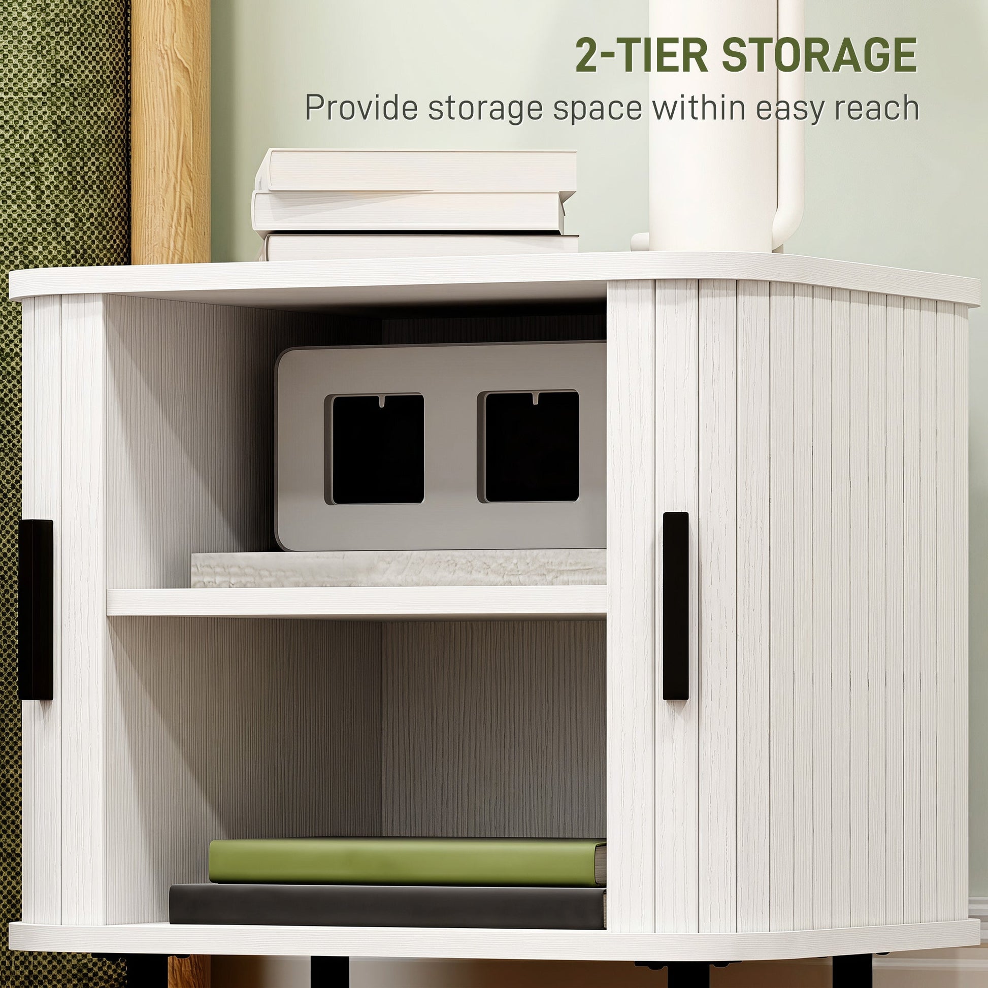 Bedside Table, Nordic Side Table with Roller Shutter Style Sliding Doors and Metal Legs for Bedroom, Living Room, White Wood Effect