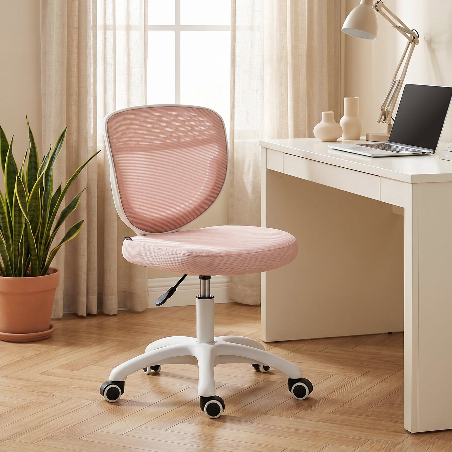Ergonomic Office Chair, Armless Computer Desk Chair with Breathable Mesh Back, Padded Seat and Swivel Wheels, Adjustable Height for Home Office Study Bedroom, Pink