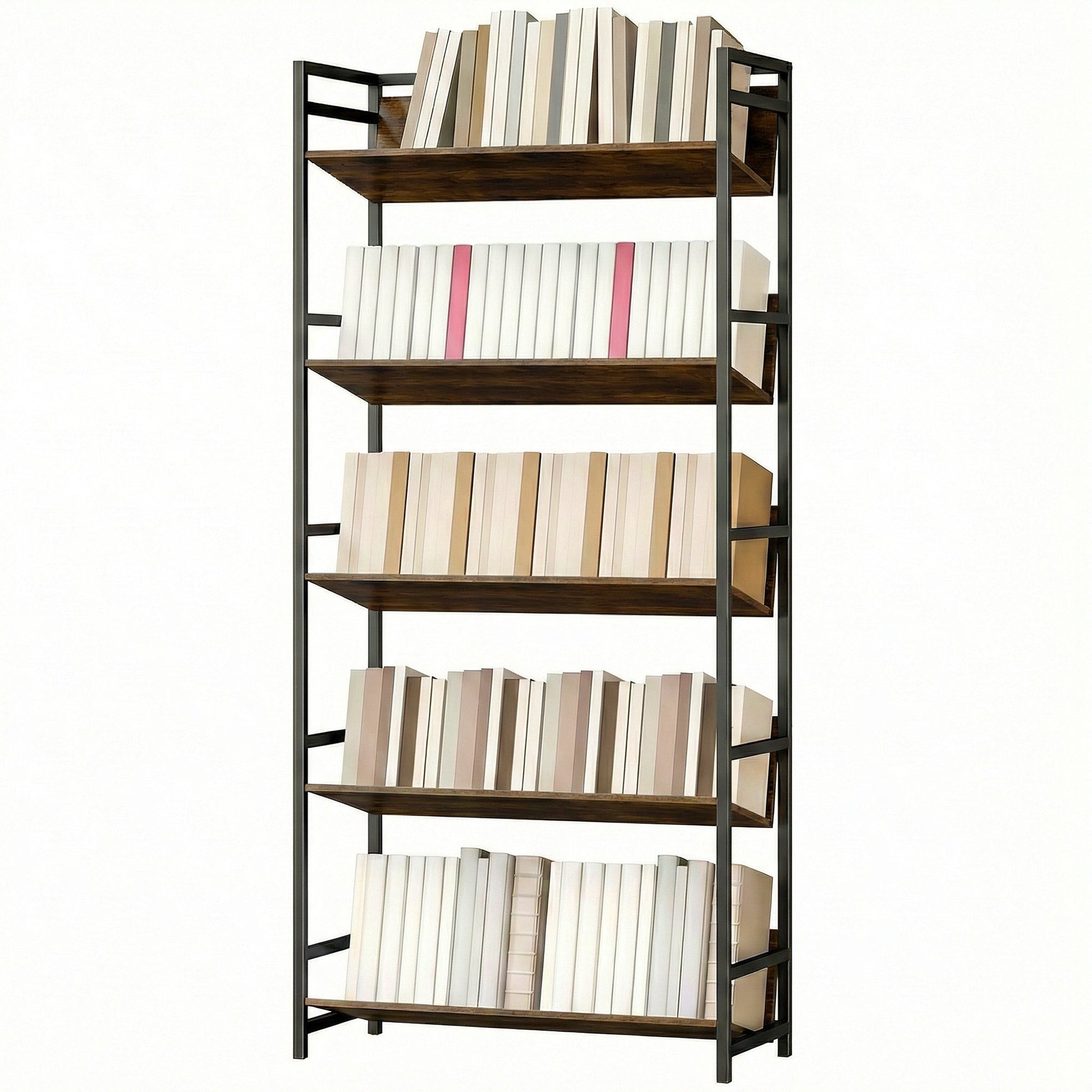 Room Divider Bookshelf, 5-Tier Bookcase, Storage Shelves with Metal Frame and Anti-Slip Design for Living Room, Bedroom, Home Office, Rustic Brown