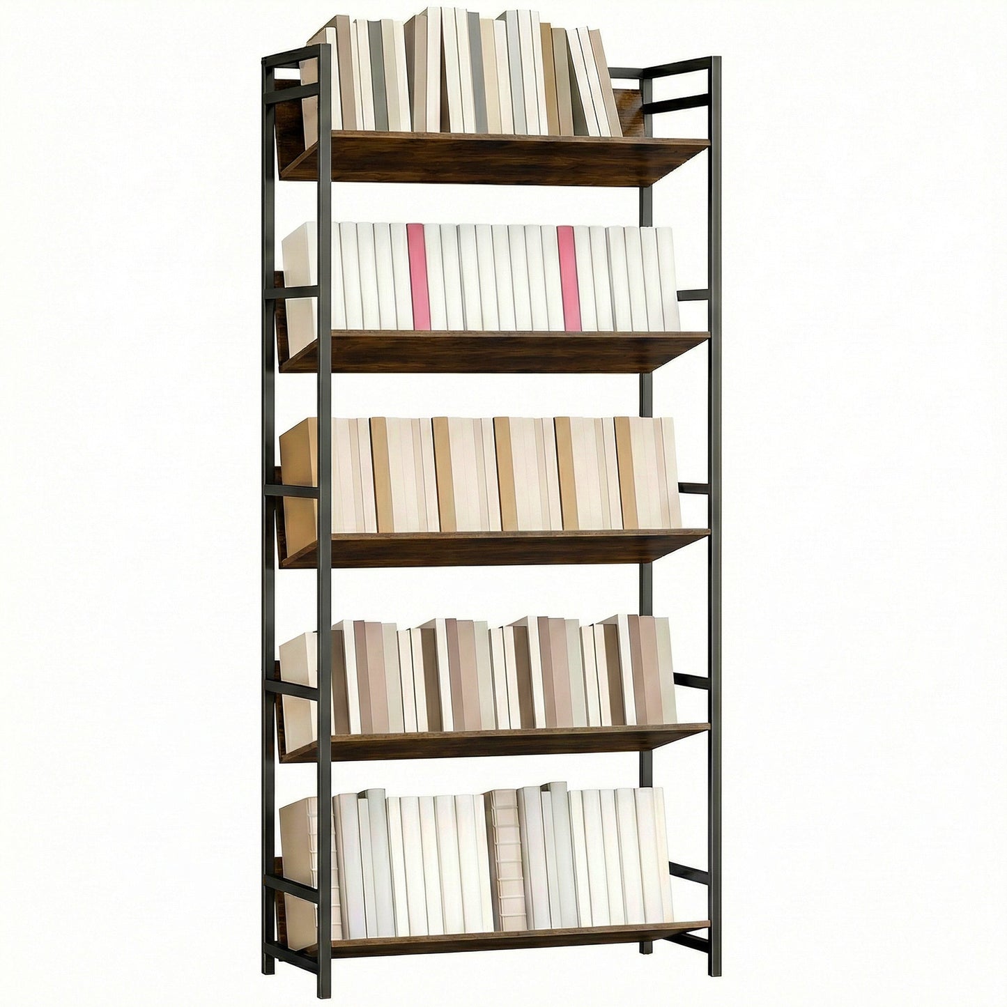 Room Divider Bookshelf, 5-Tier Bookcase, Storage Shelves with Metal Frame and Anti-Slip Design for Living Room, Bedroom, Home Office, Rustic Brown