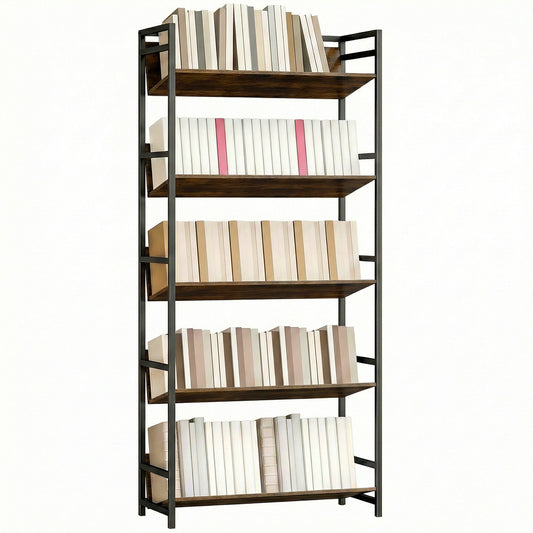 Room Divider Bookshelf, 5-Tier Bookcase, Storage Shelves with Metal Frame and Anti-Slip Design for Living Room, Bedroom, Home Office, Rustic Brown