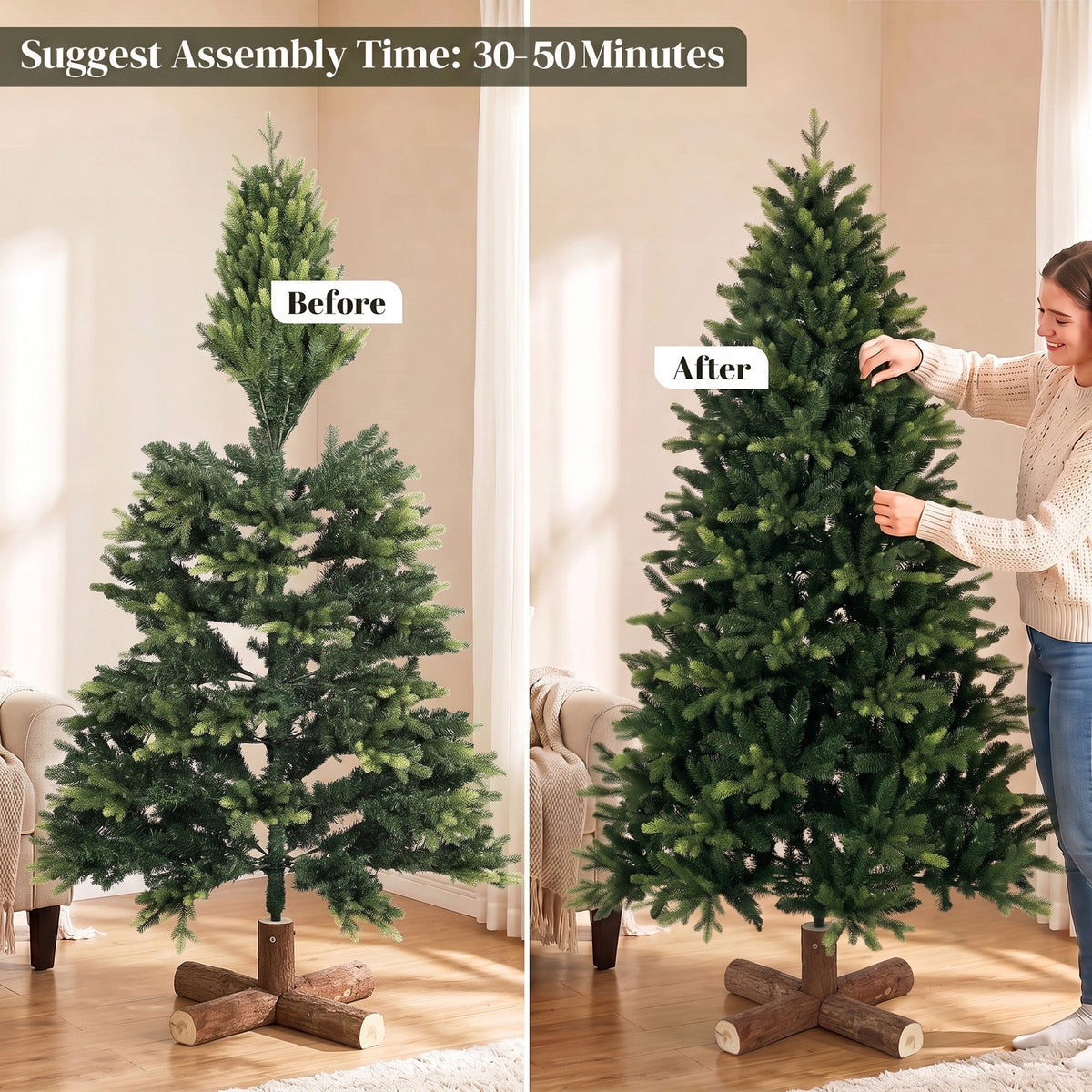 6ft Artificial Christmas Tree, Hinged Xmas Tree with 2419 PE & PVC Branch Tips, Solid Fir Wood Stand, Auto Open for Home Office Holiday Decoration, Green