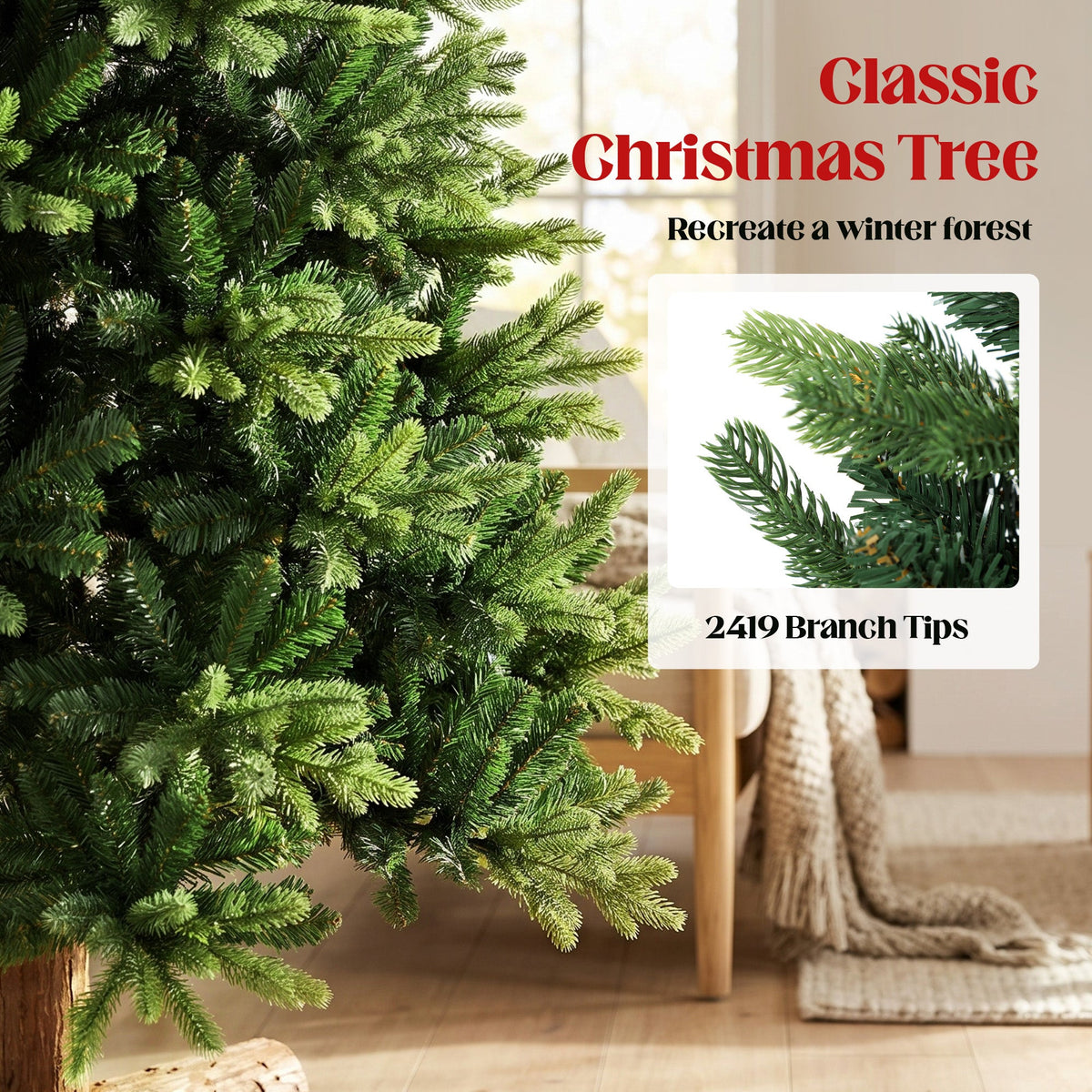 6ft Artificial Christmas Tree, Hinged Xmas Tree with 2419 PE & PVC Branch Tips, Solid Fir Wood Stand, Auto Open for Home Office Holiday Decoration, Green