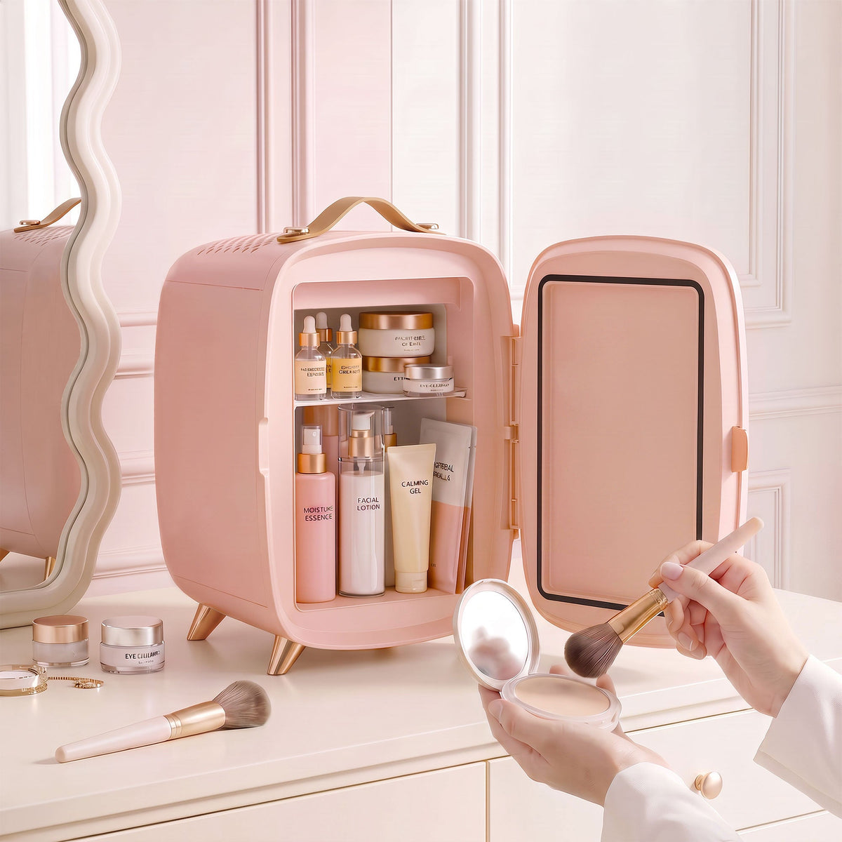 6L Mini Cosmetic Fridge with LED Mirror, Cooling Function, Skincare Refrigerator for Bedroom, Skincare, Office, Pink