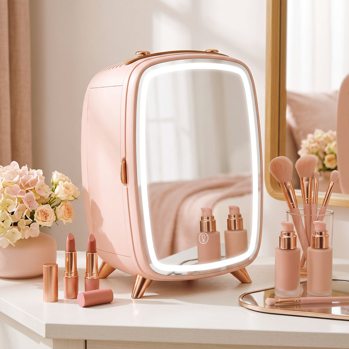 6L Mini Cosmetic Fridge with LED Mirror, Cooling Function, Skincare Refrigerator for Bedroom, Skincare, Office, Pink