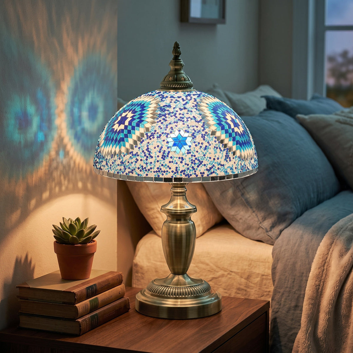 Tiffany Lamp, Stained Glass Bedside Table Lamp with Button Switch and Metal Base for Bedroom, Study and Living Room, 12 x 12 x 20 Inches, Blue