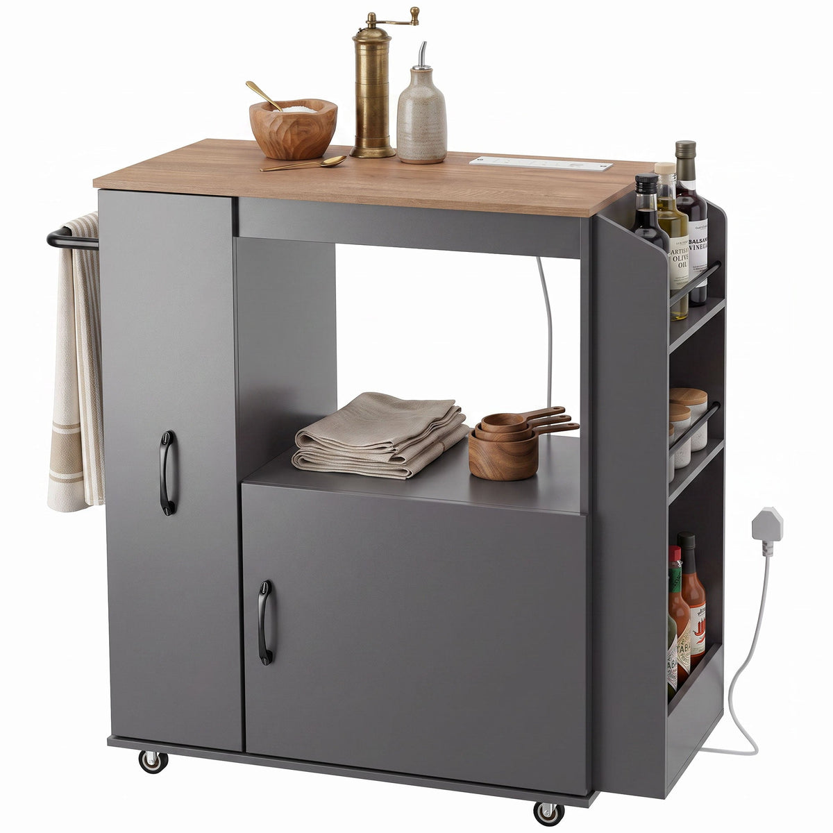 Kitchen Trolley on Wheels, Rolling Kitchen Island Cart with Power Outlet, Cabinet, Pull-Out Drawer and Towel & Spice Rack, Mobile Serving Trolley Cart for Dining Room, Bathroom, Grey