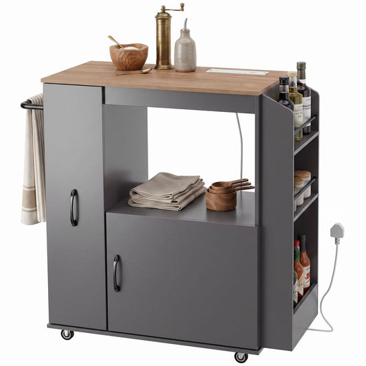 Kitchen Trolley on Wheels, Rolling Kitchen Island Cart with Power Outlet, Cabinet, Pull-Out Drawer and Towel & Spice Rack, Mobile Serving Trolley Cart for Dining Room, Bathroom, Grey