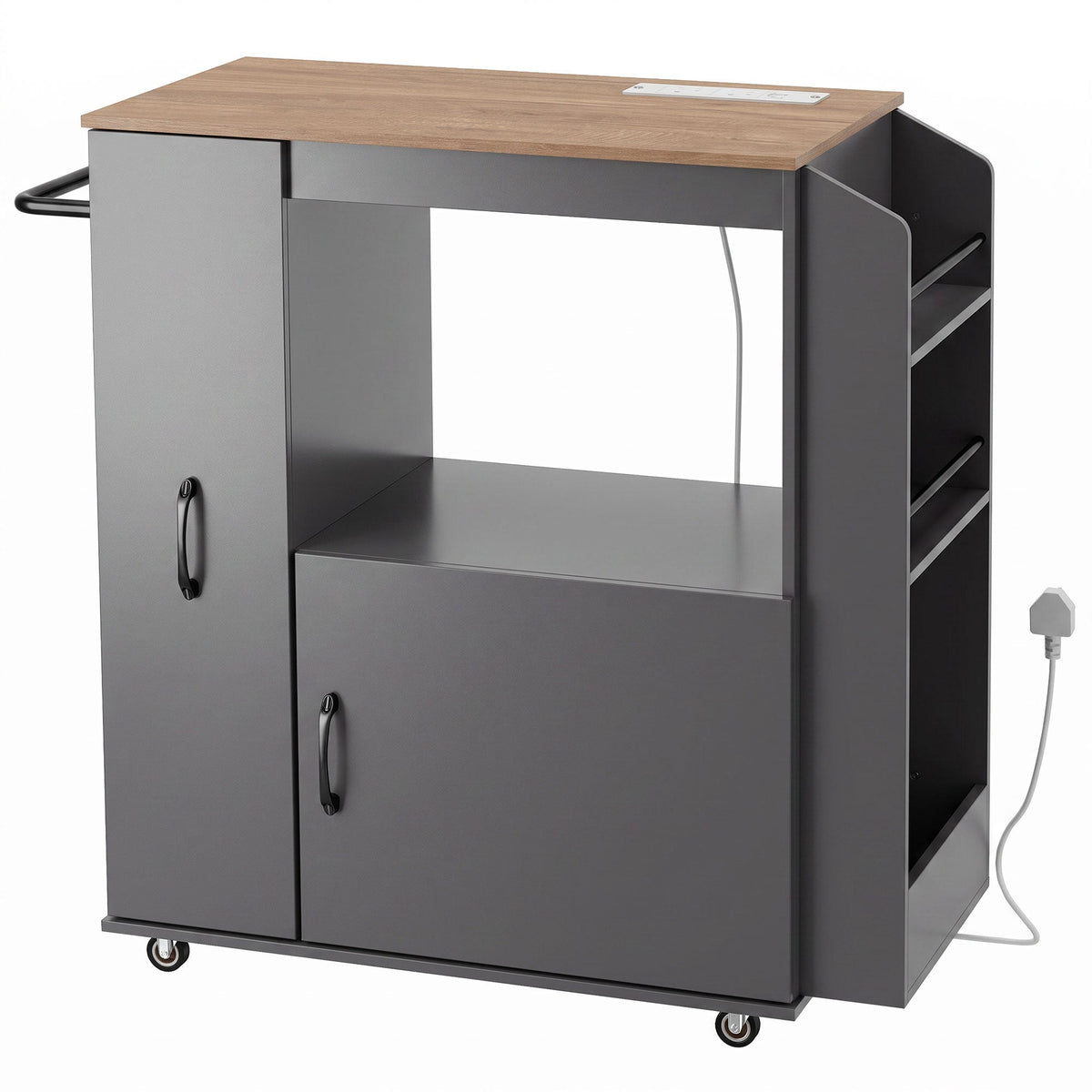Kitchen Trolley on Wheels, Rolling Kitchen Island Cart with Power Outlet, Cabinet, Pull-Out Drawer and Towel & Spice Rack, Mobile Serving Trolley Cart for Dining Room, Bathroom, Grey