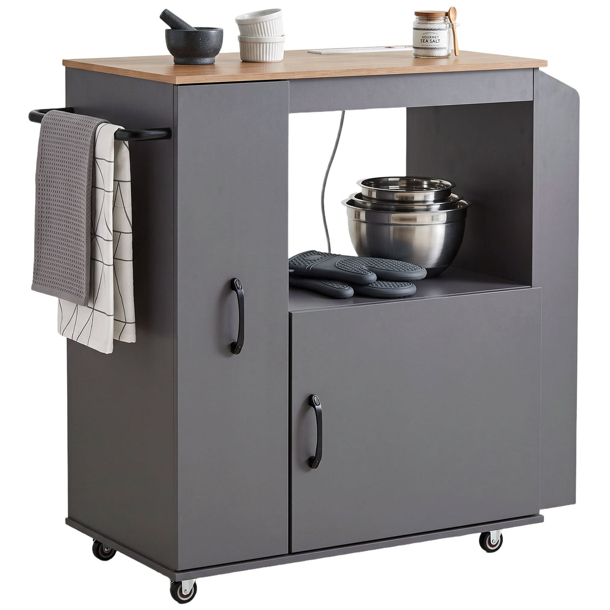 Kitchen Trolley on Wheels, Rolling Kitchen Island Cart with Power Outlet, Cabinet, Pull-Out Drawer and Towel & Spice Rack, Mobile Serving Trolley Cart for Dining Room, Bathroom, Grey
