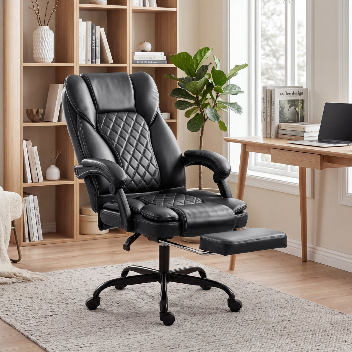 High-Back Executive Home Office Chair, PU Leather Computer Desk Chair with 360 Degree Swivel, Reclining Function, Retractable Footrest and Adjustable Height, Black