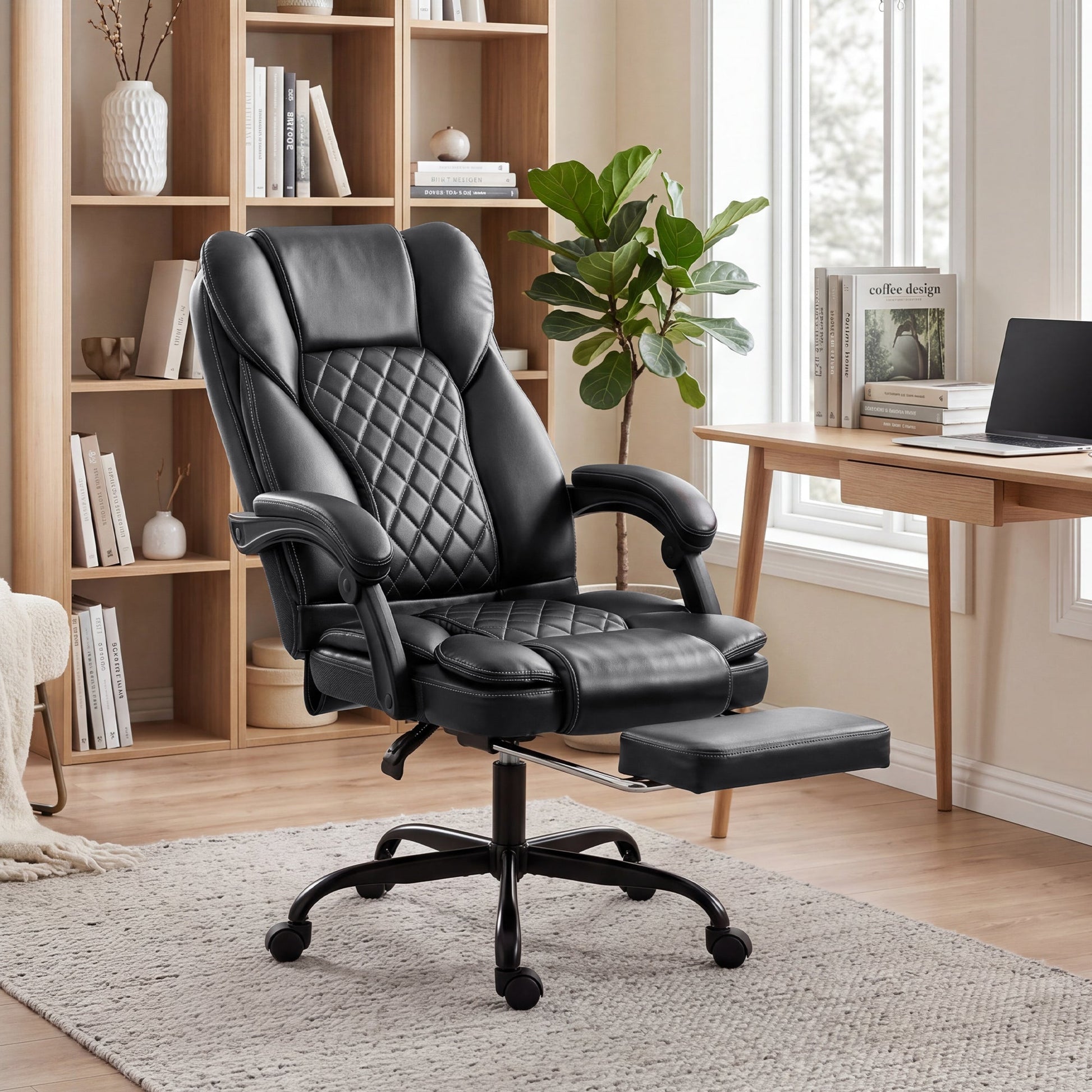 High-Back Executive Home Office Chair, PU Leather Computer Desk Chair with 360 Degree Swivel, Reclining Function, Retractable Footrest and Adjustable Height, Black