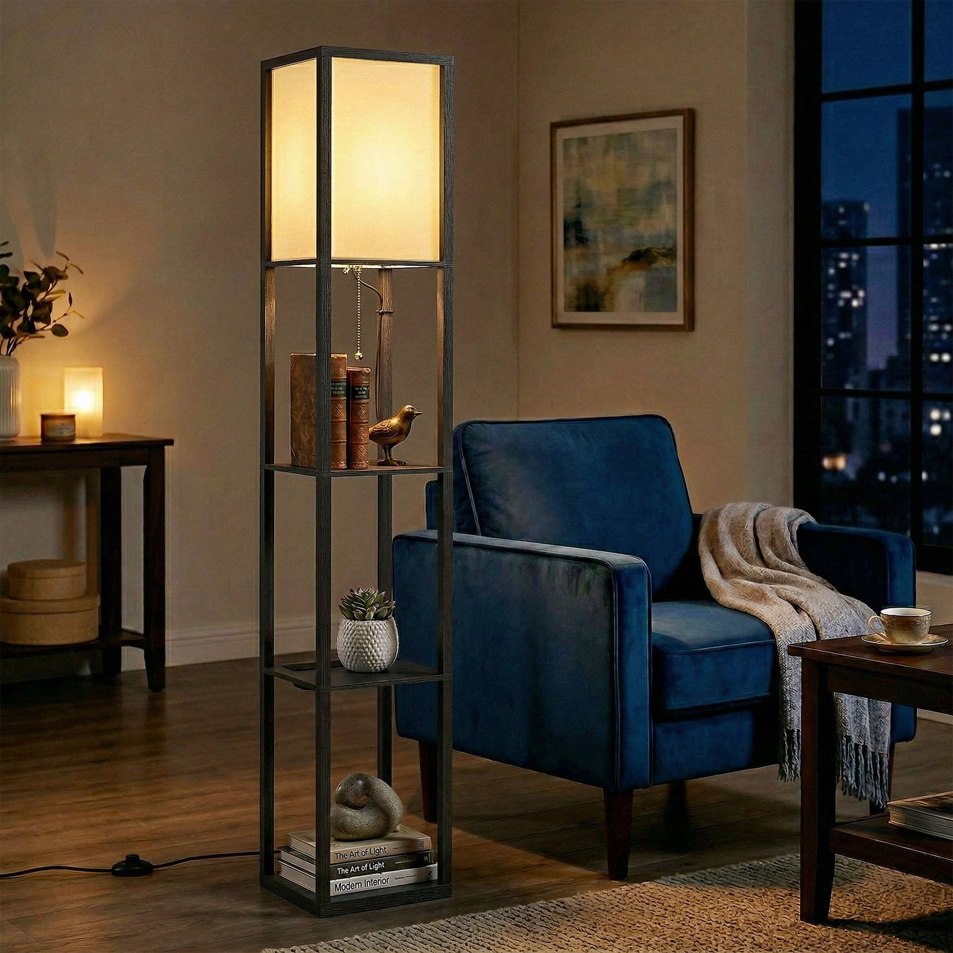 3-Tier Floor Lamp with Shelves and Storage, Modern Corner Standing Lamp with LED Bulb, Lampshade, Reading Light with Foot Switch for Living Room, Bedroom, Home Office, Black