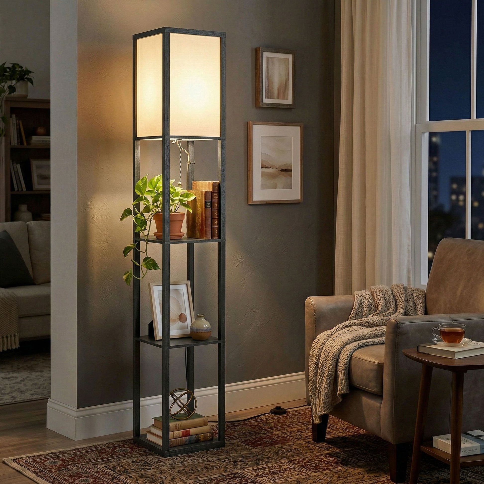 3-Tier Floor Lamp with Shelves and Storage, Modern Corner Standing Lamp with LED Bulb, Lampshade, Reading Light with Foot Switch for Living Room, Bedroom, Home Office, Black