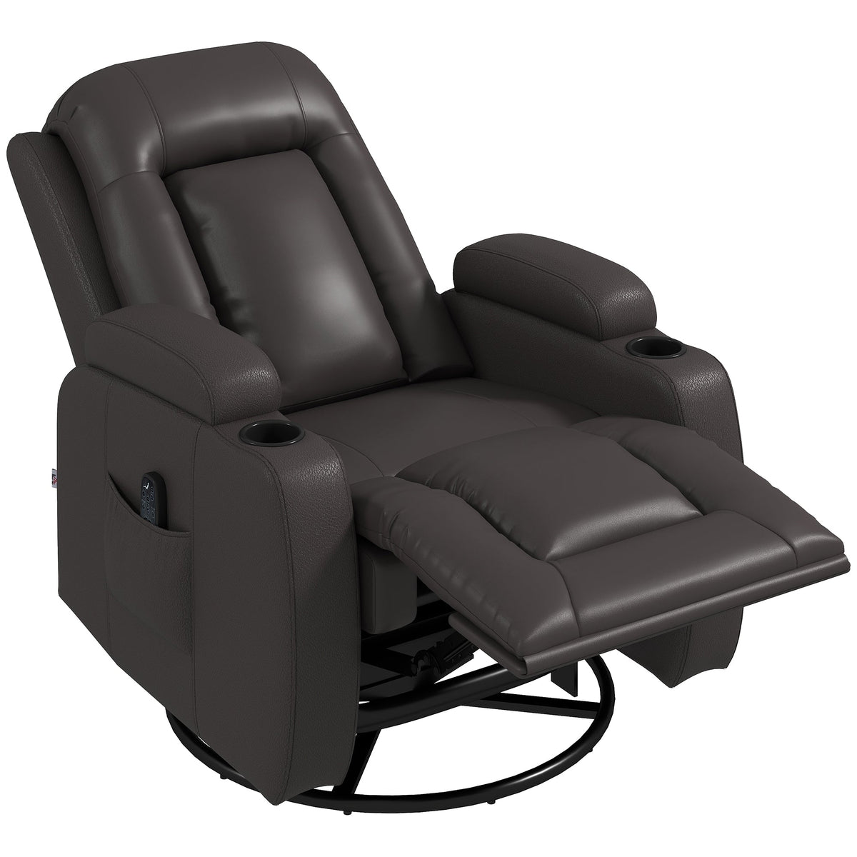 Recliner Armchair with Massage & Heat, Swivel Rocking Recliner Chair with Extended Footrest, Cup Holders and Side Pockets, PU Leather Manual Reclining Chair for Living Room, Dark Brown