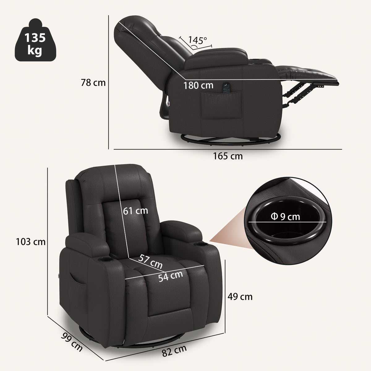 Recliner Armchair with Massage & Heat, Swivel Rocking Recliner Chair with Extended Footrest, Cup Holders and Side Pockets, PU Leather Manual Reclining Chair for Living Room, Dark Brown