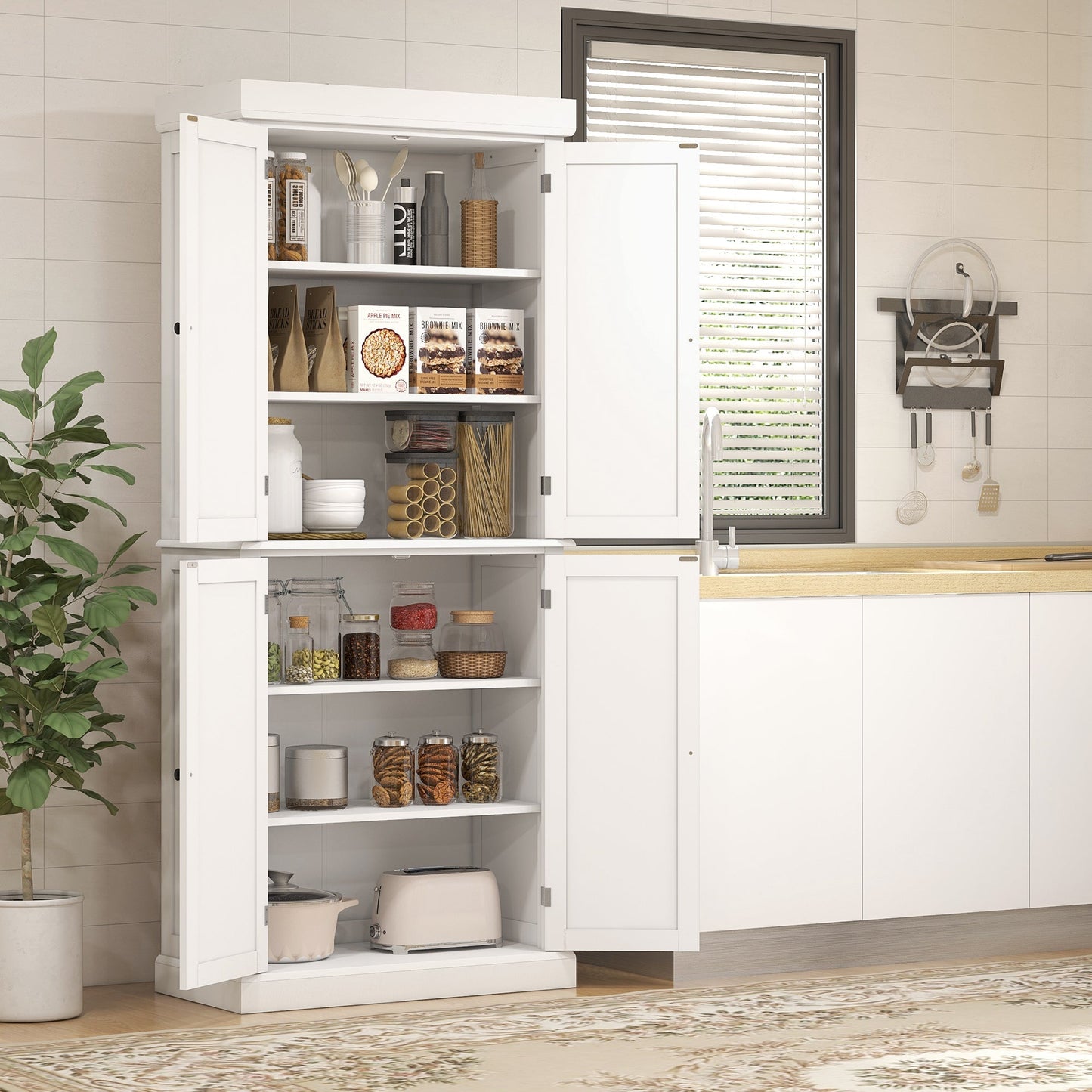184cm Freestanding Kitchen Cupboard with 4 Doors, Modern Storage Cabinet Organizer with 6-Tier Shelving and 4 Adjustable Shelves, White