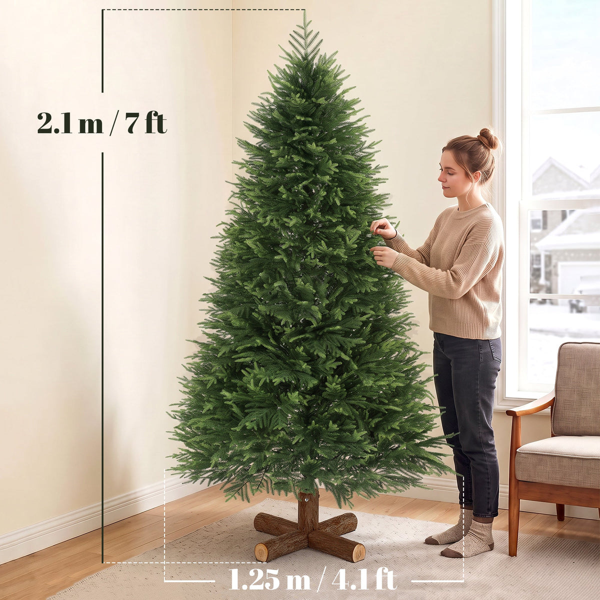 7ft Artificial Christmas Tree, Hinged Xmas Tree with Dense 1071 PE & PVC Branch Tips, Realistic Fir Wood Base, Auto Open for Home Office Decor, Green