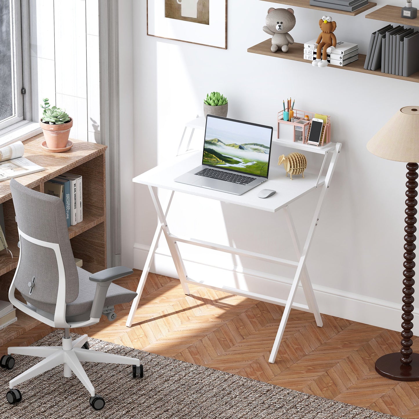 Folding Desk with Monitor Shelf, 81.5 cm Foldable Computer Desk for Small Spaces, Space Saving Writing Table Workstation for Home Office, Study, Easy Assembly, White