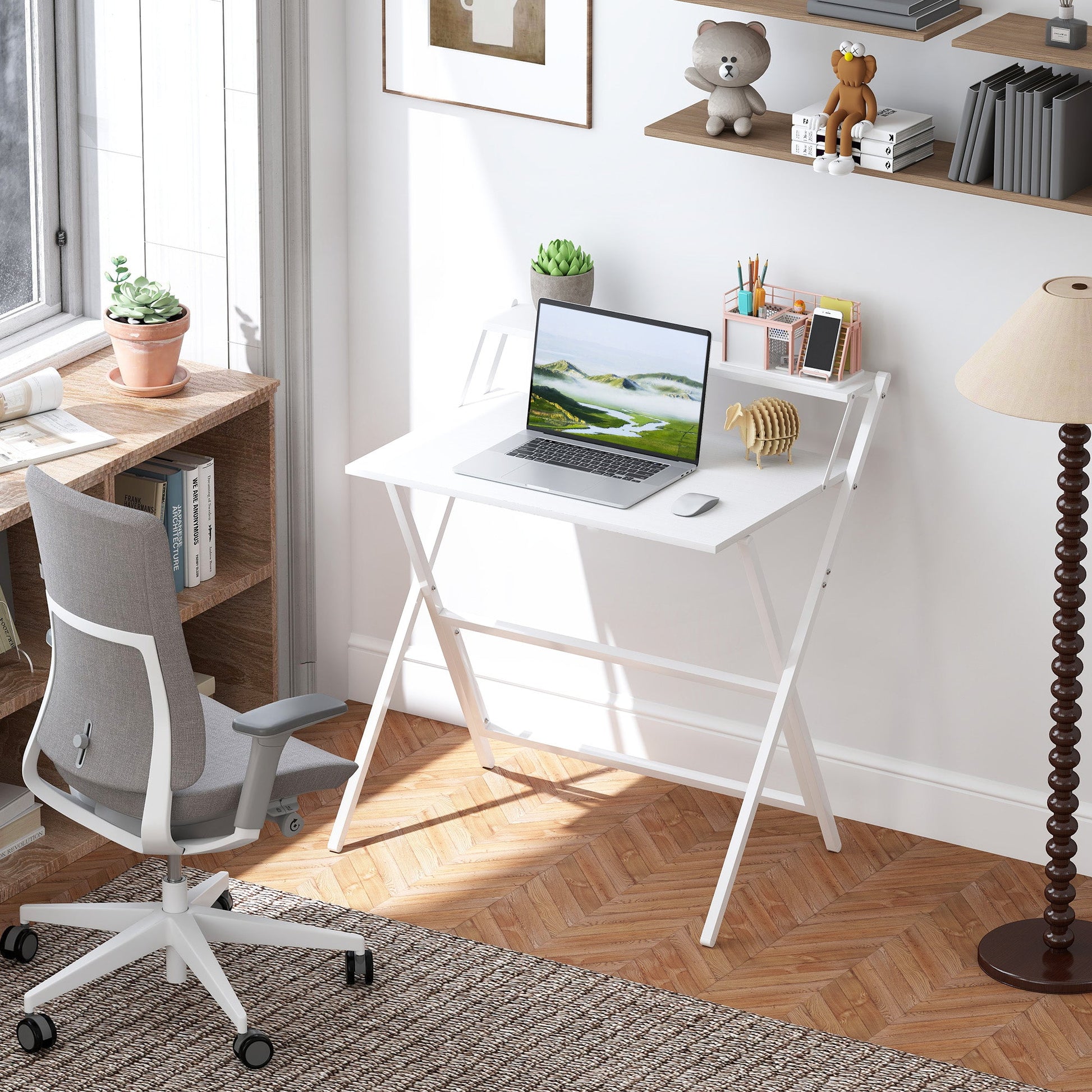 Folding Desk with Monitor Shelf, 81.5 cm Foldable Computer Desk for Small Spaces, Space Saving Writing Table Workstation for Home Office, Study, Easy Assembly, White