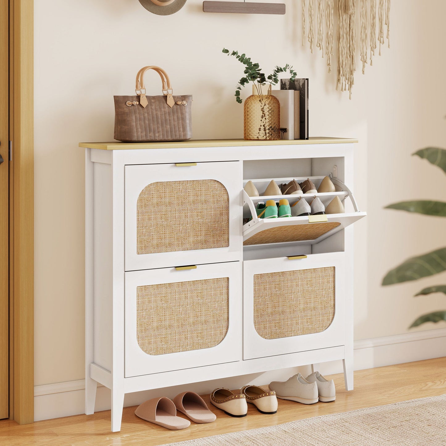 Shoe Storage Cabinet with 4 Flip Drawers, Boho Slim Shoe Cabinet with Rattan Doors for Entryway, Hallway, Holds 20 Pairs, White