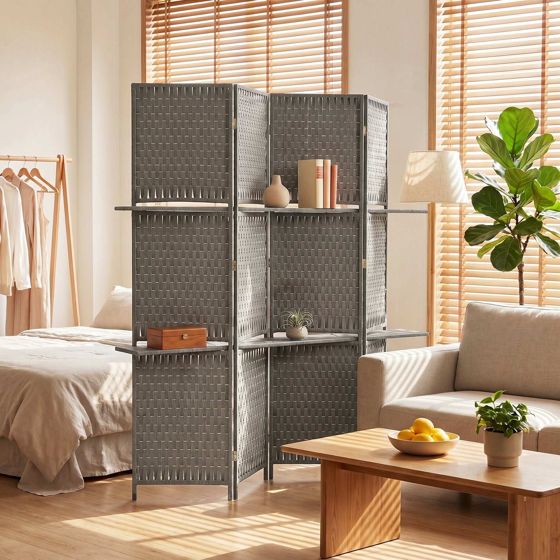 4-Panel Room Divider with Shelves, Wave Fibre Freestanding Folding Privacy Screen Panels, Partition Wall Divider for Indoor Bedroom Office, 180 cm, Grey