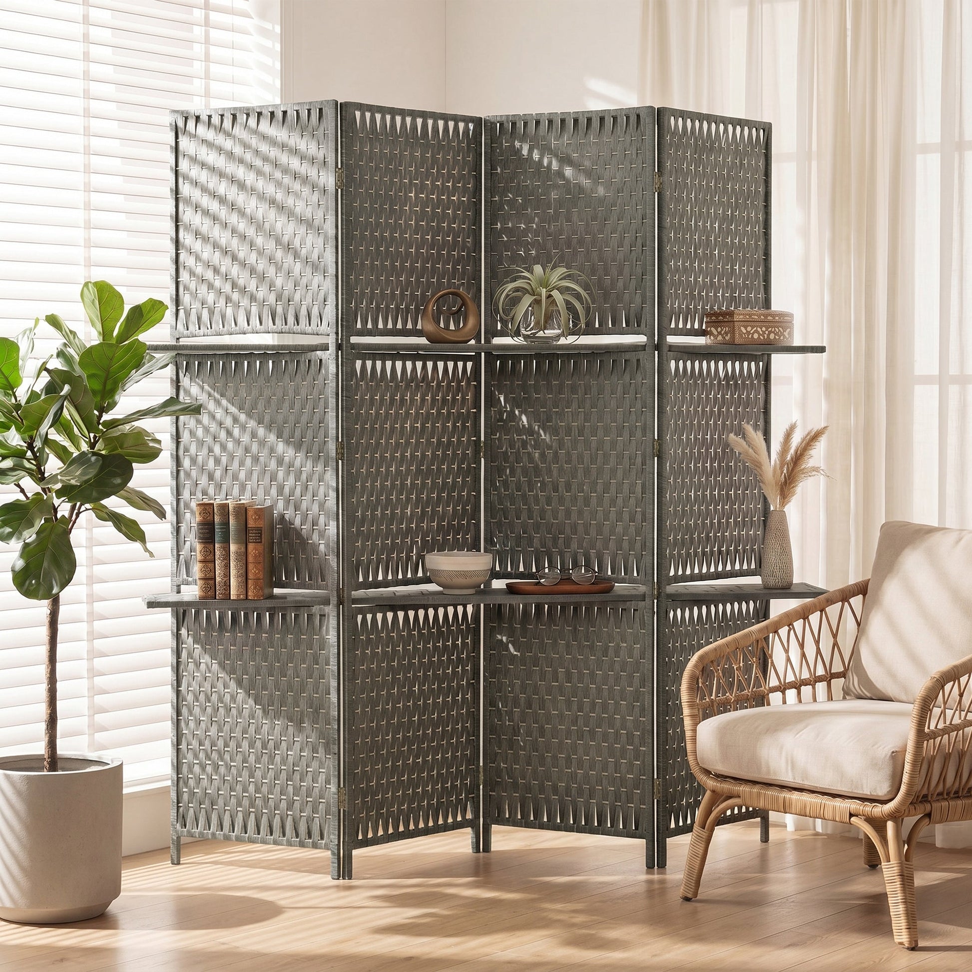 4-Panel Room Divider with Shelves, Wave Fibre Freestanding Folding Privacy Screen Panels, Partition Wall Divider for Indoor Bedroom Office, 180 cm, Grey