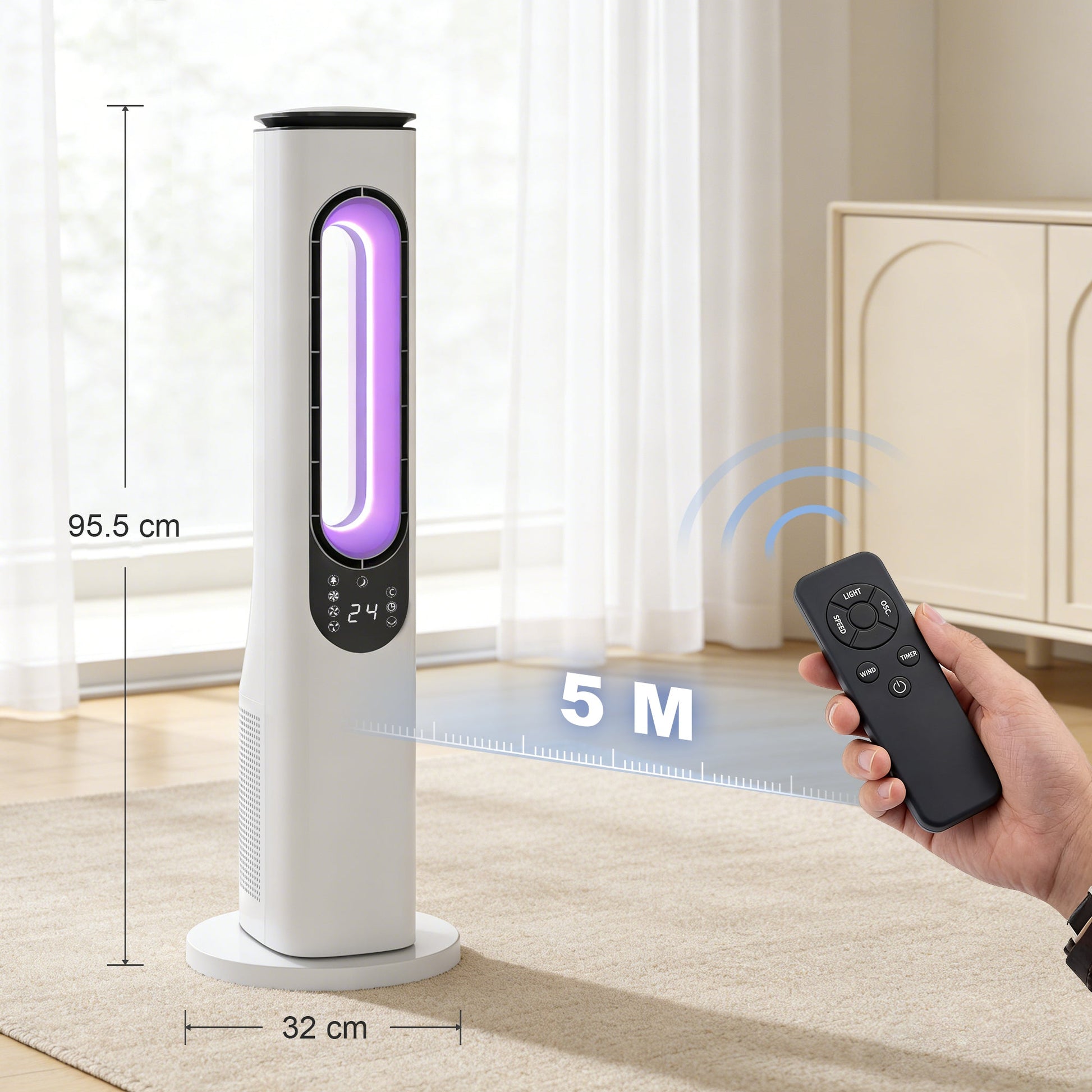 Bladeless Tower Fan for Bedroom, 35dB Standing Cooling Fan with 50° Oscillating, LED Lights, 3 Speeds, 3 Modes, 15H Timer, LED Display and Remote Control, White