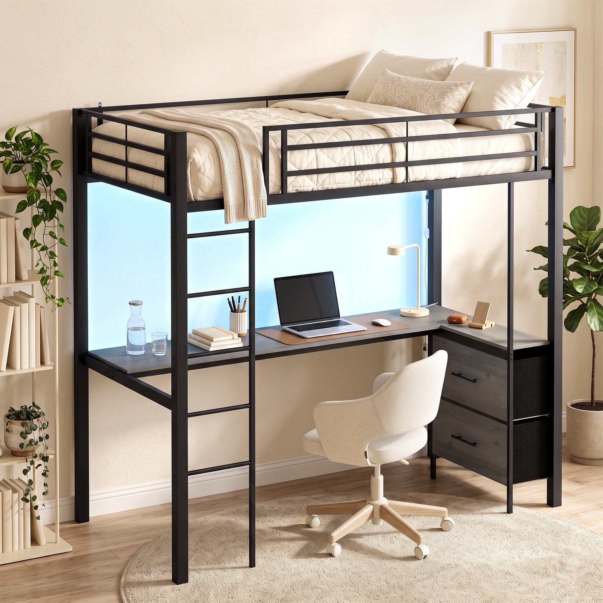 Metal Bunk Bed with Desk, High Sleeper Bed with LED Light and Safety Guardrail, Space-Saving Bedroom Dormitory Single Loft Frame for Teens Adults, No Box Spring Needed, Black