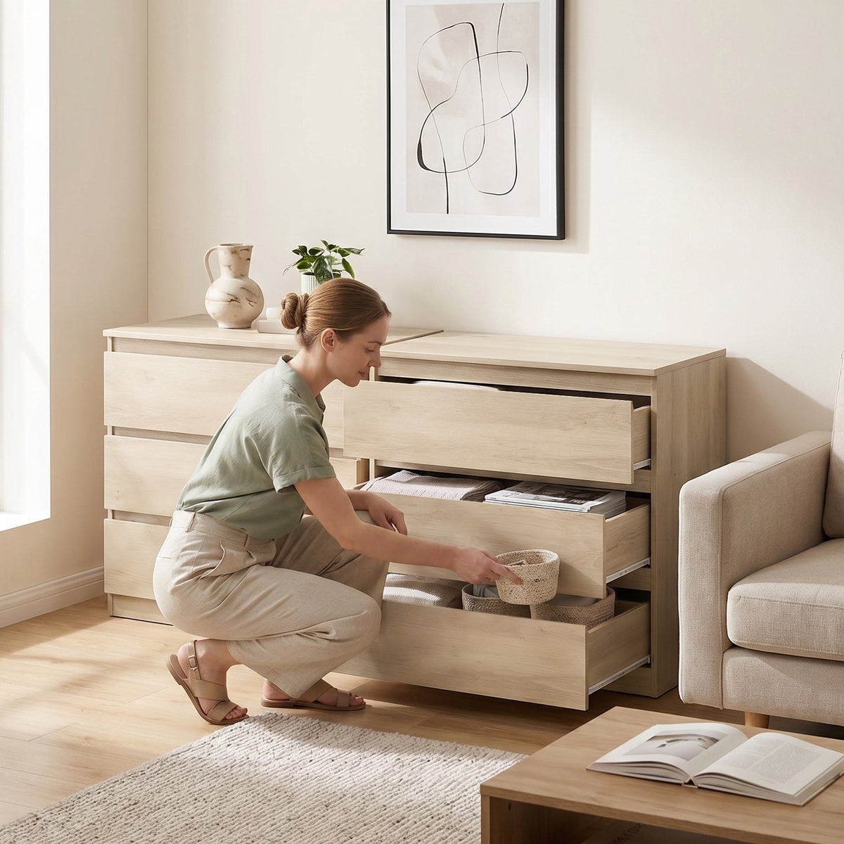 Chest of Drawers, 3-Drawer Storage Organiser Unit for Bedroom, Living Room, 80 x 39 x 73cm, Oak