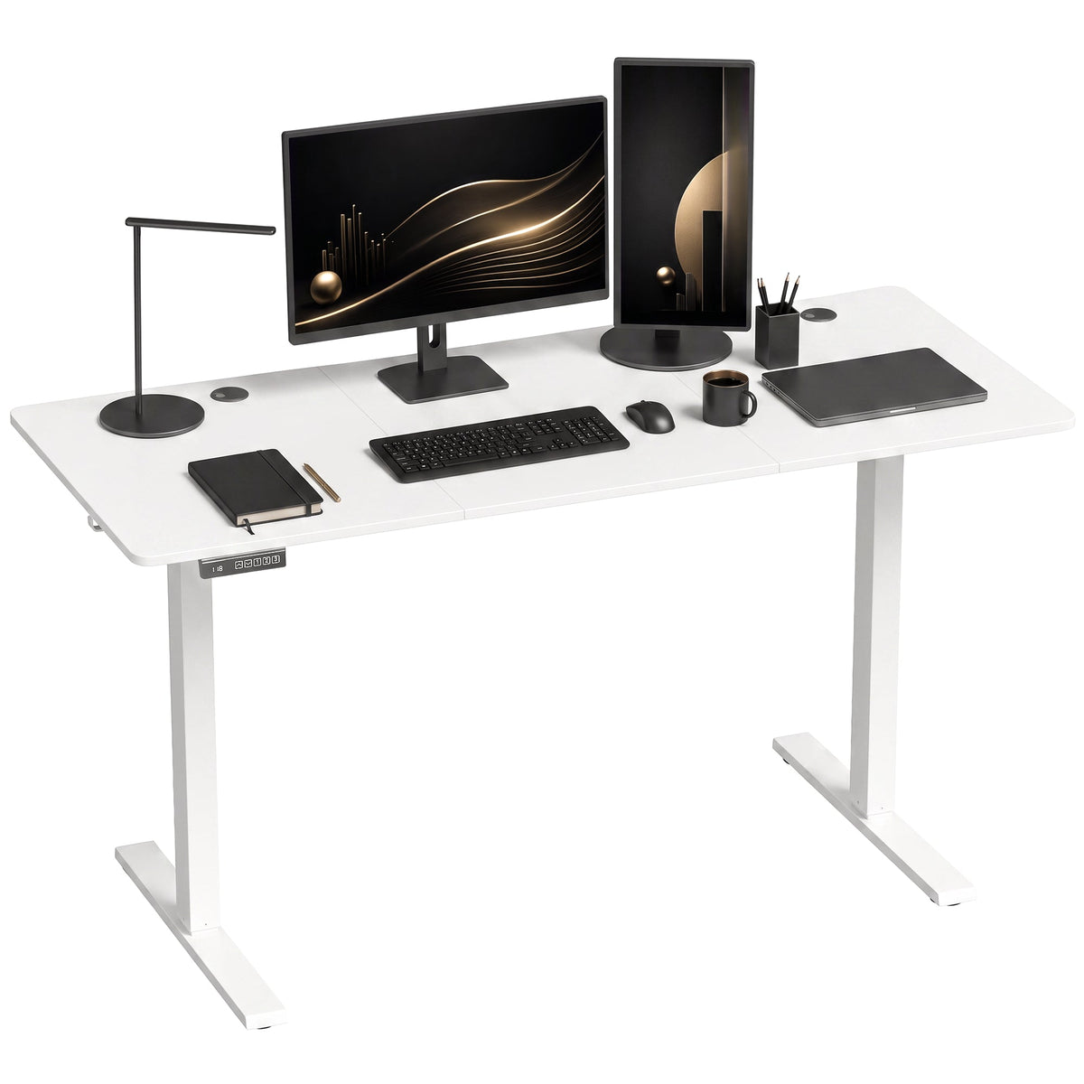 Electric Standing Desk Height Adjustable 140 x 60cm, Sit Stand Desk with 3 Memory Presets, Quiet Home Office Computer Desk with LED Display, Cable Holes & Hooks for Bedroom, Home Office, White