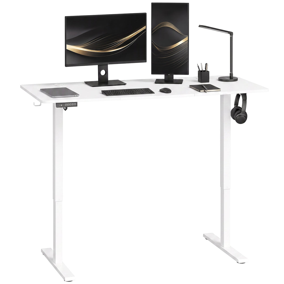 Electric Standing Desk Height Adjustable 140 x 60cm, Sit Stand Desk with 3 Memory Presets, Quiet Home Office Computer Desk with LED Display, Cable Holes & Hooks for Bedroom, Home Office, White