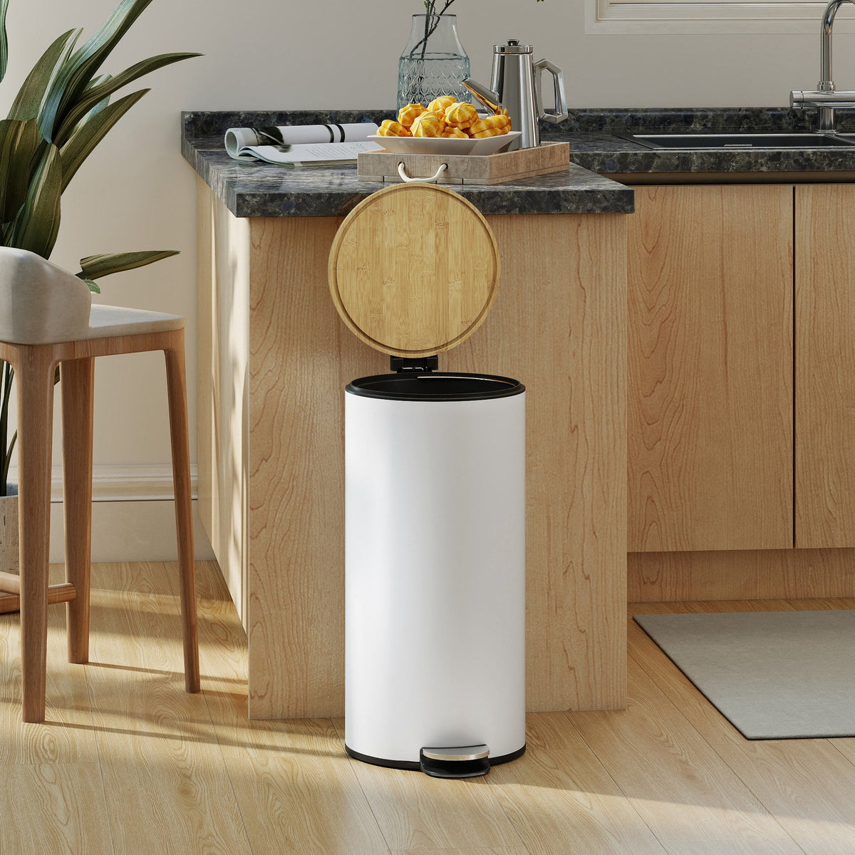 30 Litre Pedal Kitchen Bin with Soft Close and Stay Open Lid, Rubbish Bin with Removable Inner Bucket for Kitchen, Office, Home, White and Natural