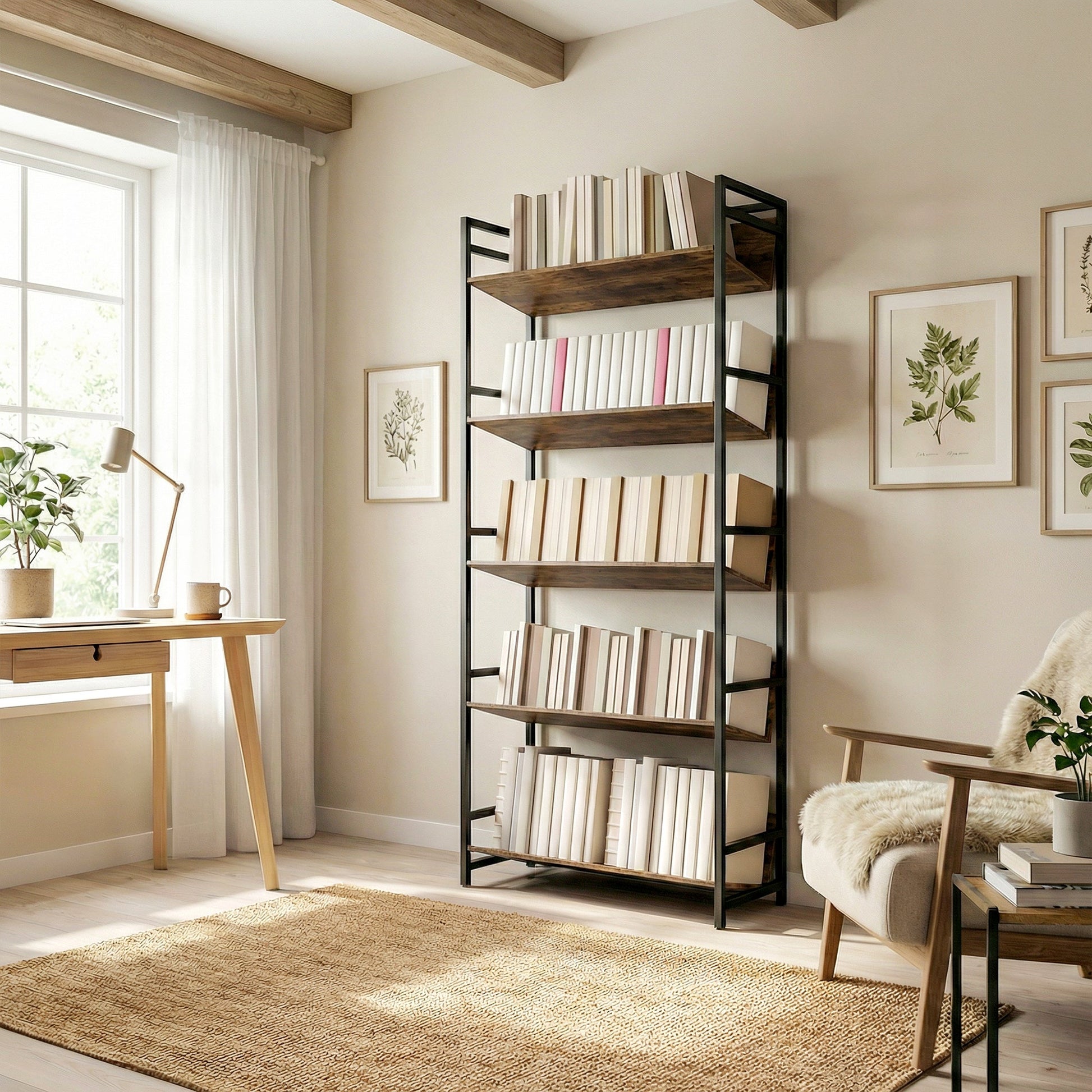 Room Divider Bookshelf, 5-Tier Bookcase, Storage Shelves with Metal Frame and Anti-Slip Design for Living Room, Bedroom, Home Office, Rustic Brown