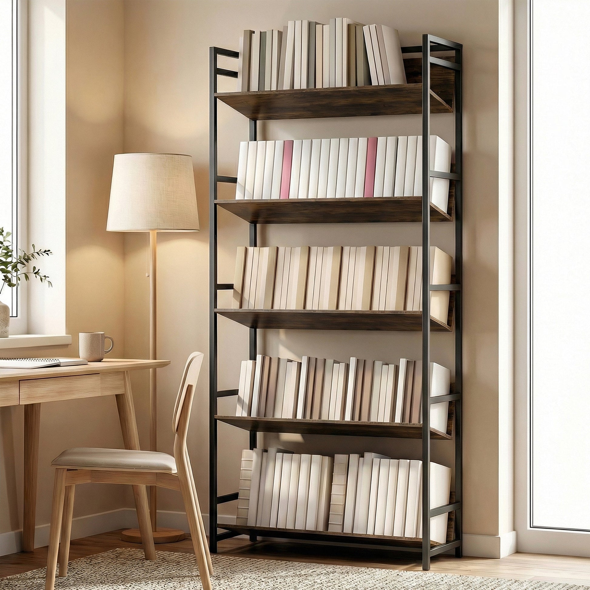 Room Divider Bookshelf, 5-Tier Bookcase, Storage Shelves with Metal Frame and Anti-Slip Design for Living Room, Bedroom, Home Office, Rustic Brown