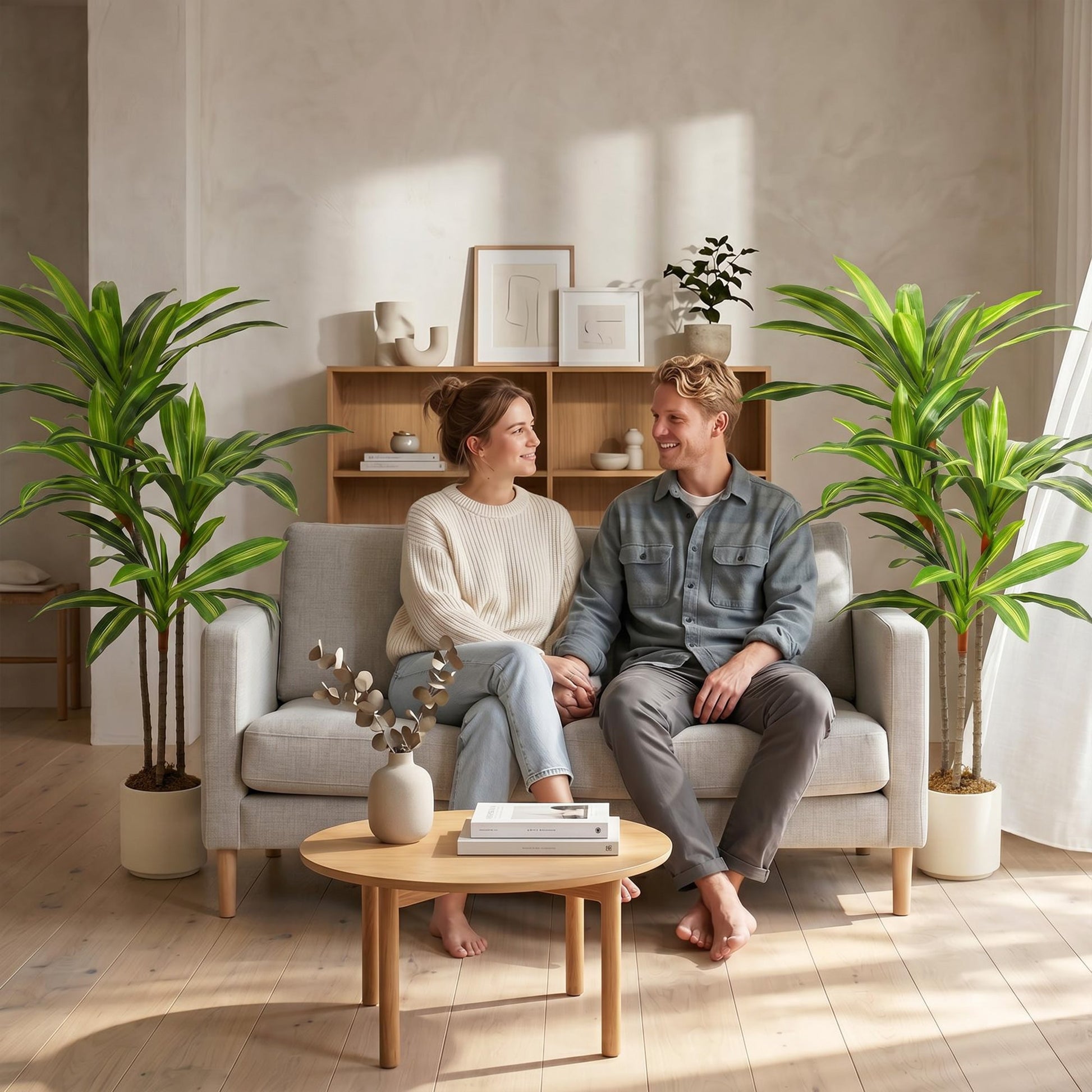 Set of 2 120cm Artificial Dracaena Trees, Decorative Artificial Plants with Bendable Trunks and White Planters for Living Room Bedroom Home Office Decor, Green