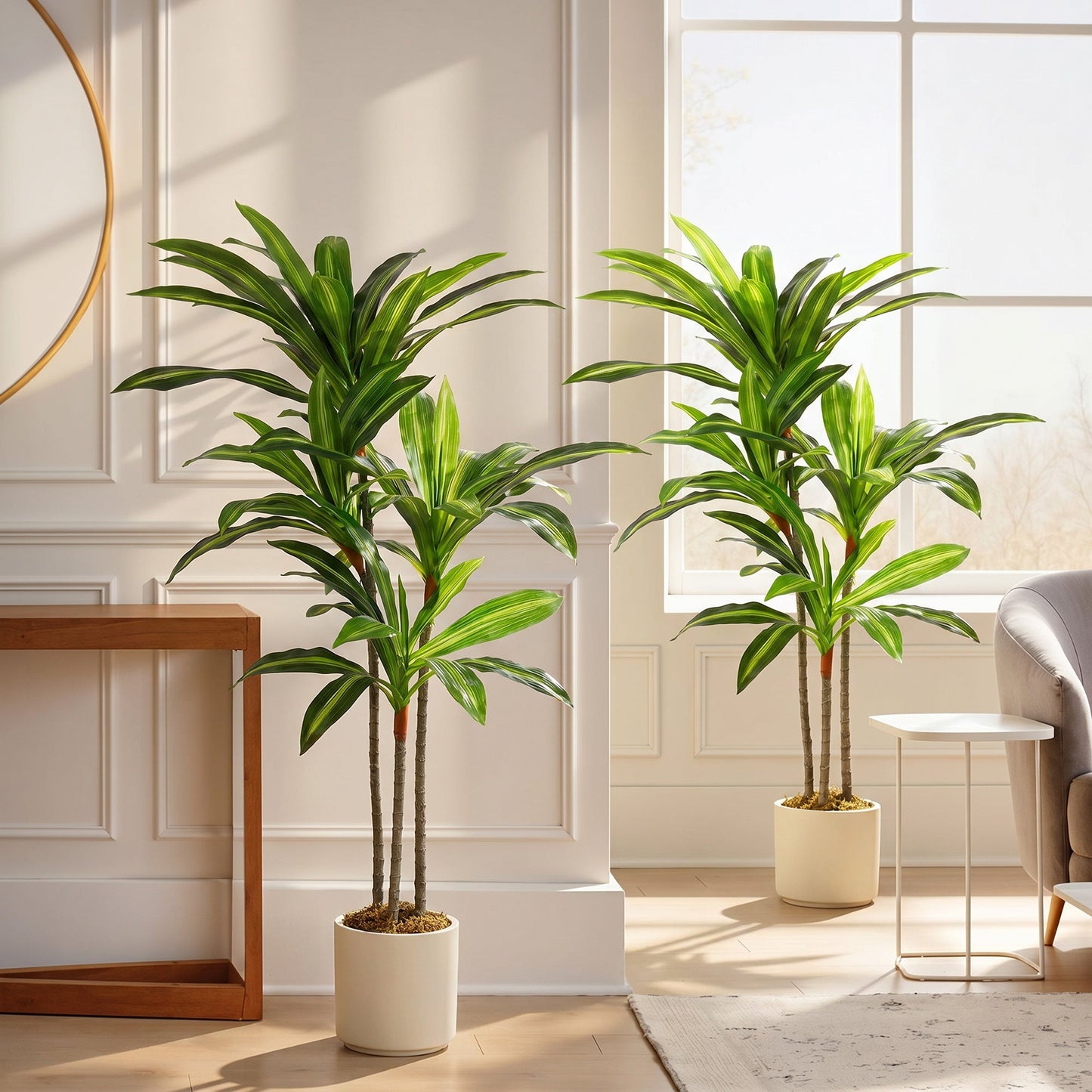 Set of 2 120cm Artificial Dracaena Trees, Decorative Artificial Plants with Bendable Trunks and White Planters for Living Room Bedroom Home Office Decor, Green